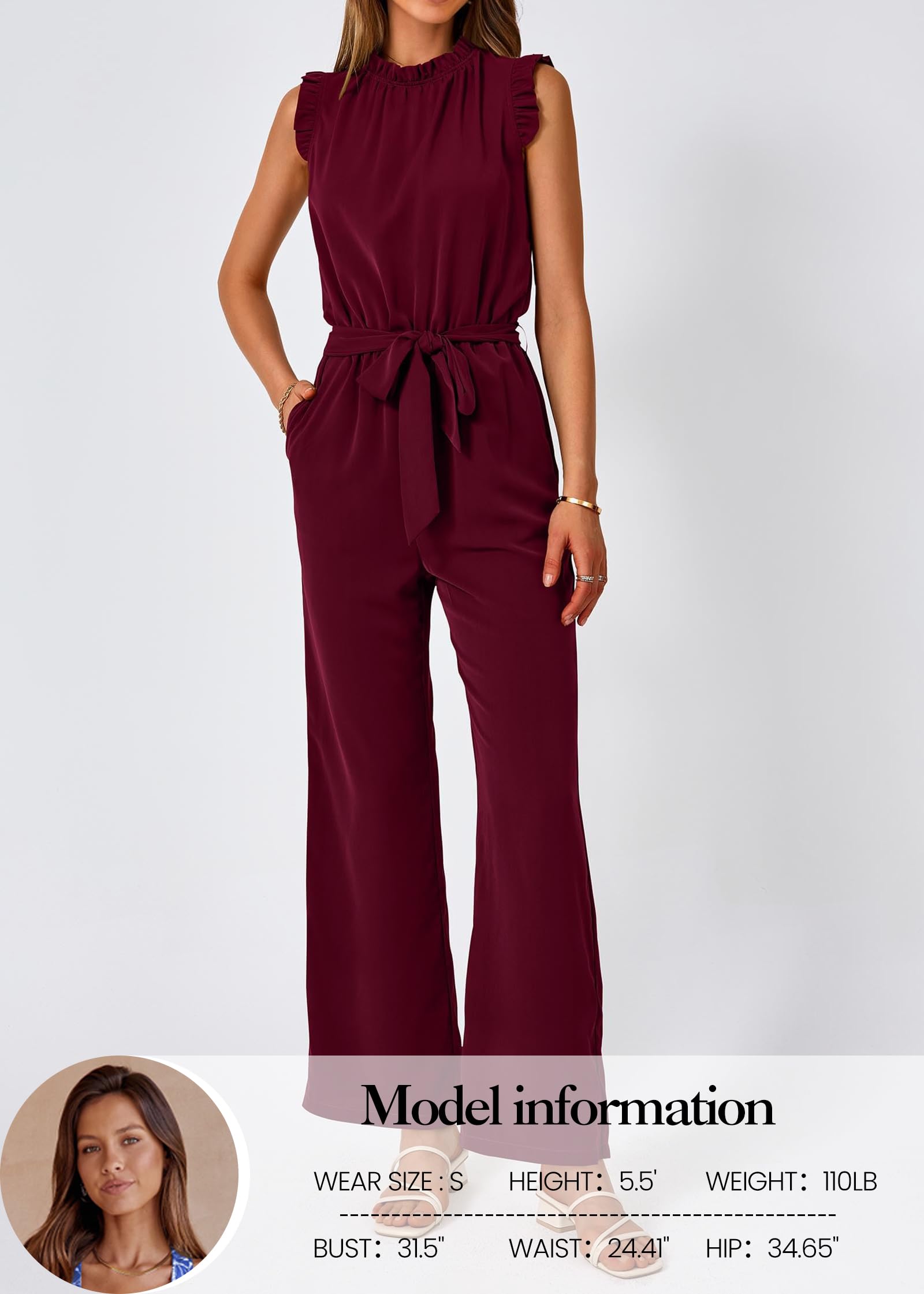 FreshPretty Jumpsuits For Women Dressy Summer One Piece Sleeveless Ruffle Mock Neck Belt Pockets Formal Wide Leg Pants Romper
