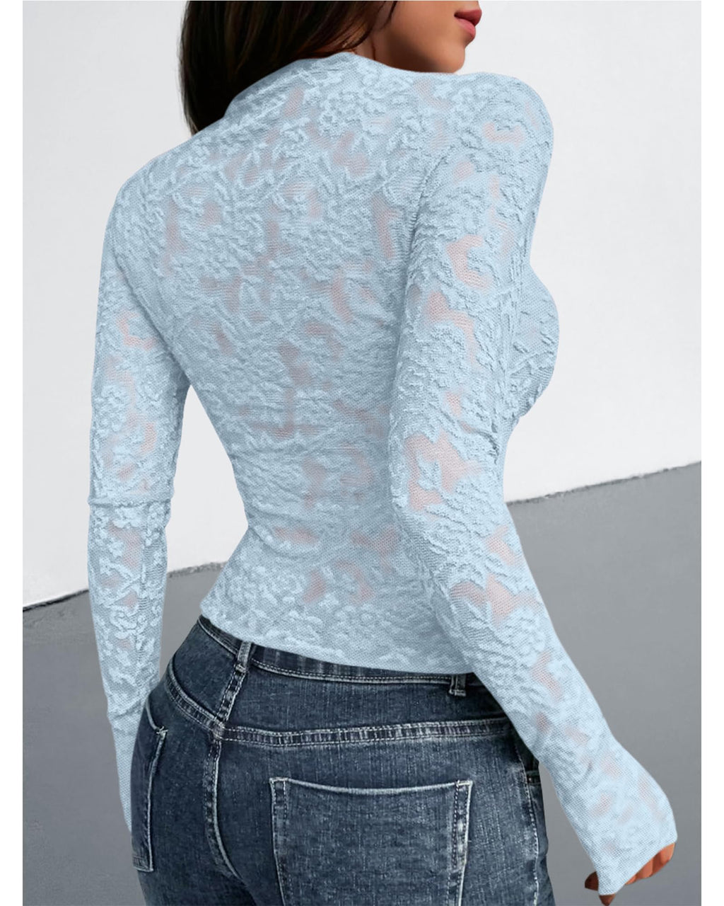 BTFBM Mesh Long Sleeve Tops for Women Lace Sheer Tight See Through Crew Neck Spring Fall Party Club Outfits