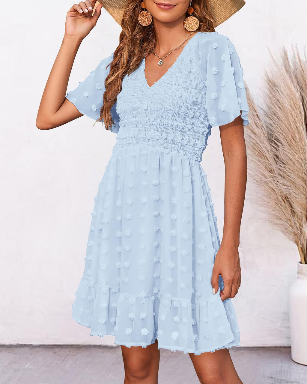 FreshPretty Womens Beach Vacation Dress Summer V Neck Short Sleeve Smocked Swiss Dot Cute Ruffle Casual Fall Mini Dresses