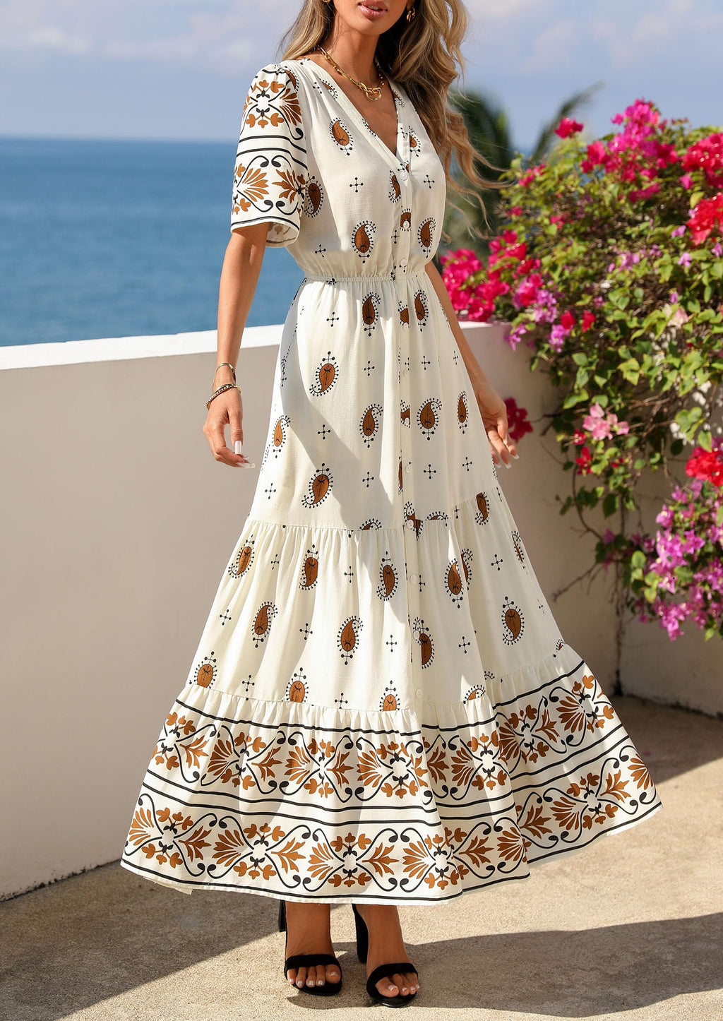 PRETTYGARDEN Womens Summer Boho Maxi Dress Trendy Short Sleeve V Neck Flowy Beach Floral Dresses with Pockets