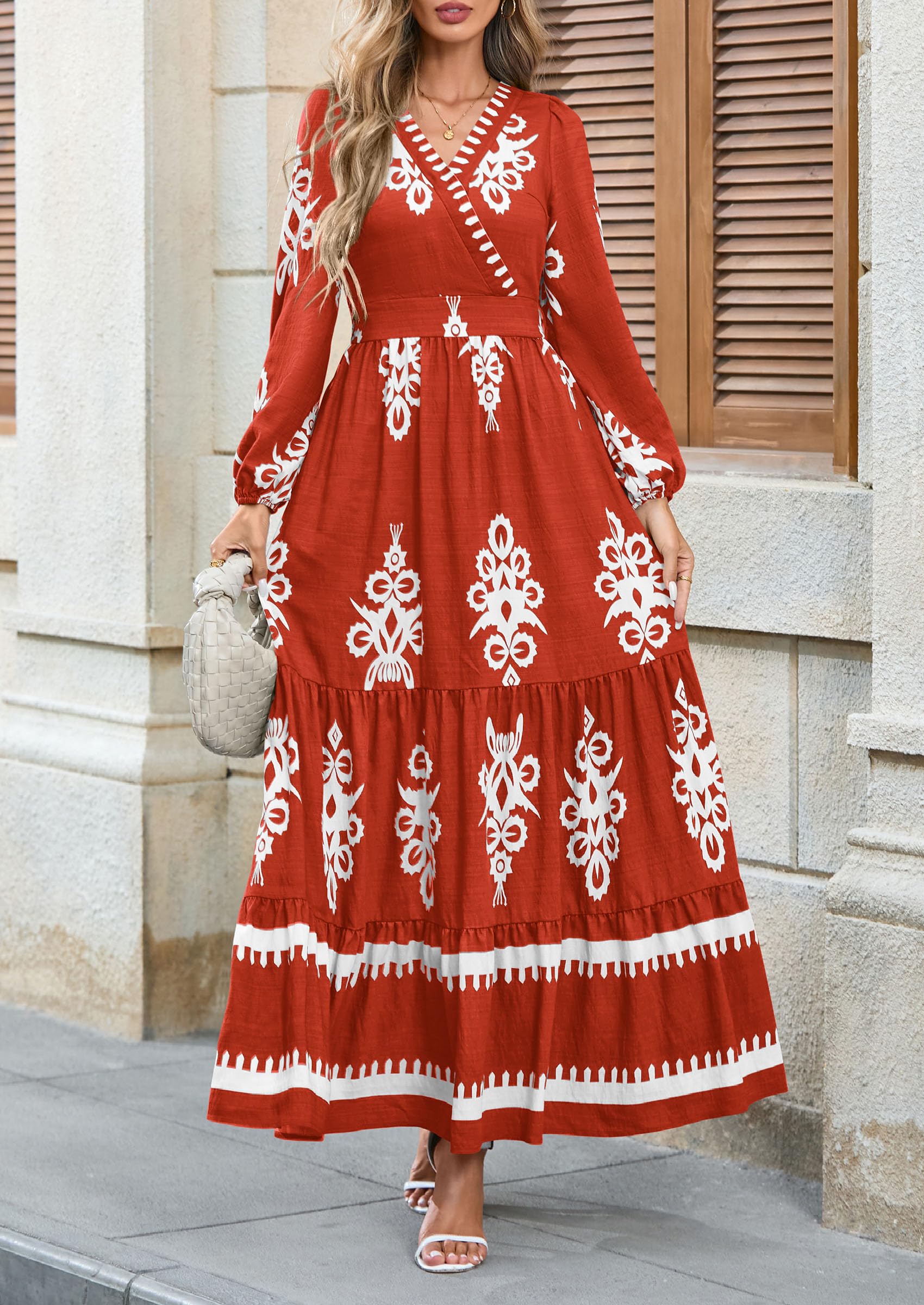 PRETTYGARDEN Women's Fall Wedding Guest Dresses Boho Floral Long Sleeve V Neck Flowy Elegant Maxi Dress Beach Clothes