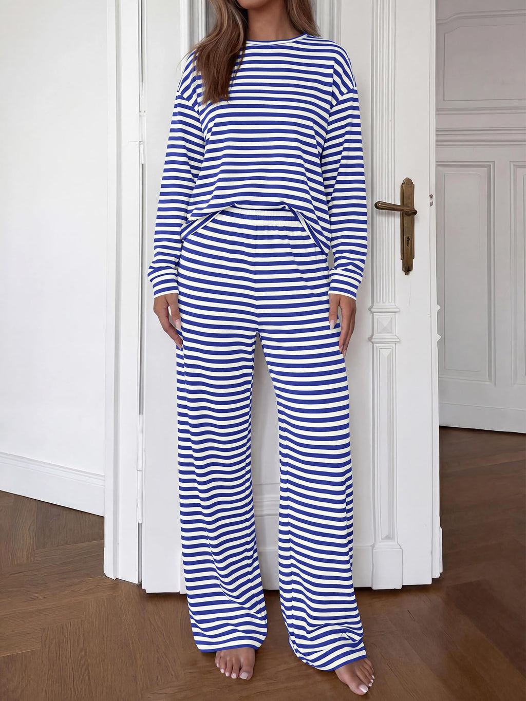 BTFBM Striped Lounge Set Sweatsuits Women 2 Piece Outfit | Womens Pajama Sets, Crew Neck Sweatshirt and Wide Leg Pants, Pockets, Airport, Travel, Vacation Outfits, Fall Winter Clothes
