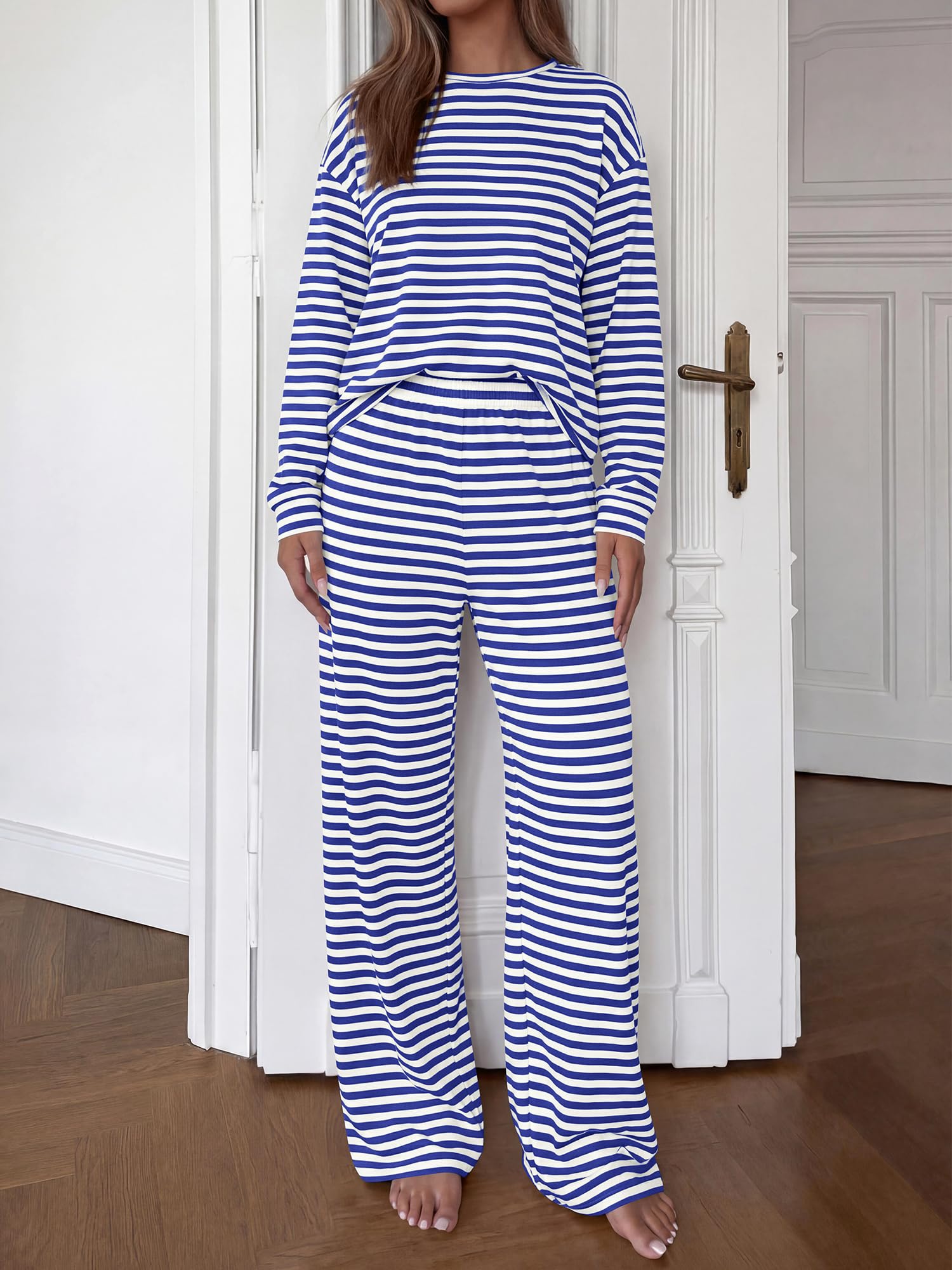 BTFBM Striped Lounge Set Sweatsuits Women 2 Piece Outfit | Womens Pajama Sets, Crew Neck Sweatshirt and Wide Leg Pants, Pockets, Airport, Travel, Vacation Outfits, Fall Winter Clothes