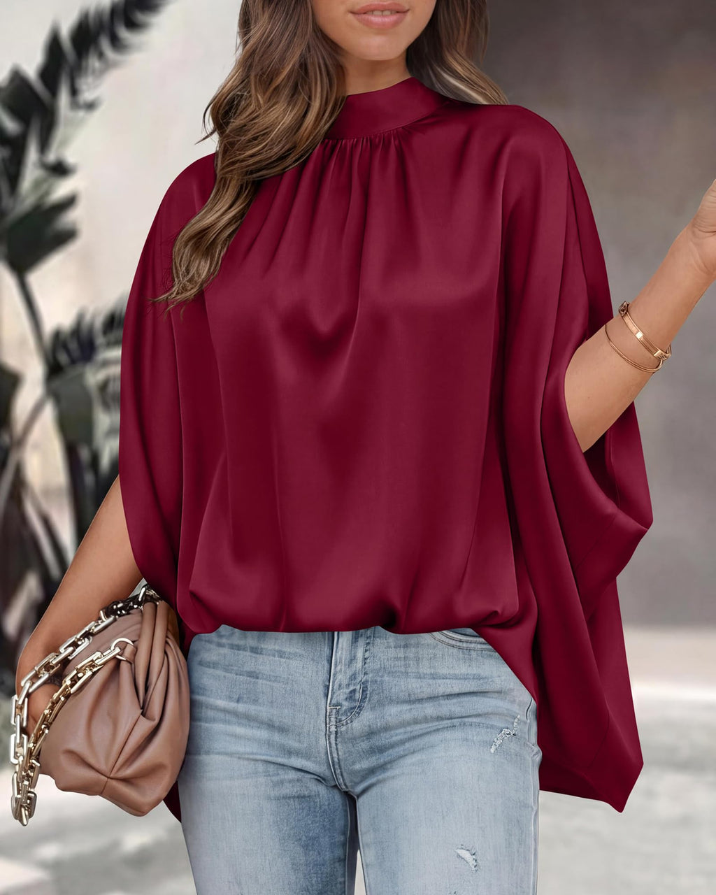 BTFBM Womens Summer Tops Mock Neck Batwing Sleeve Silk Satin Shirts Loose Oversized Dressy Casual Spring Blouses