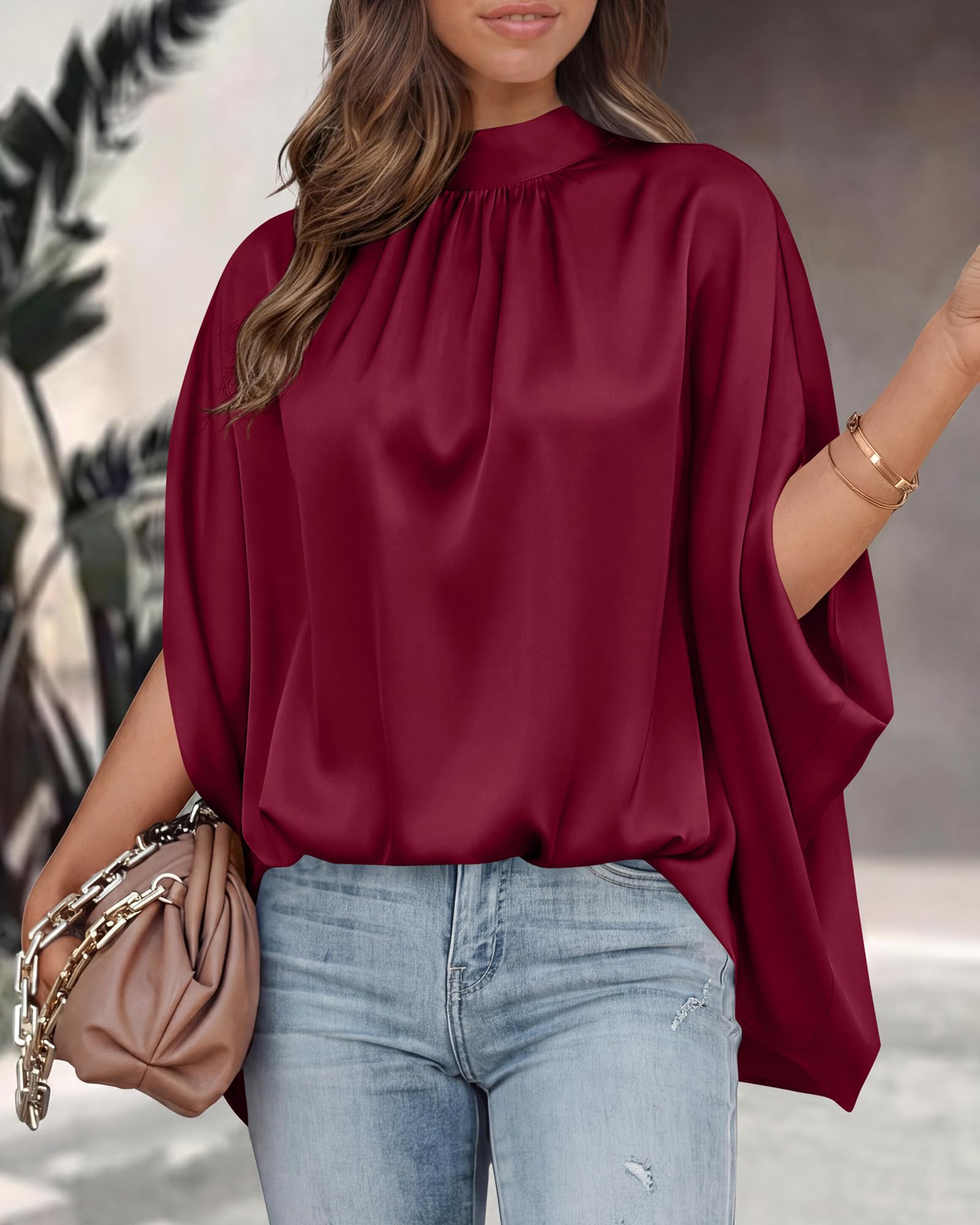 BTFBM Womens Summer Tops Mock Neck Batwing Sleeve Silk Satin Shirts Loose Oversized Dressy Casual Spring Blouses