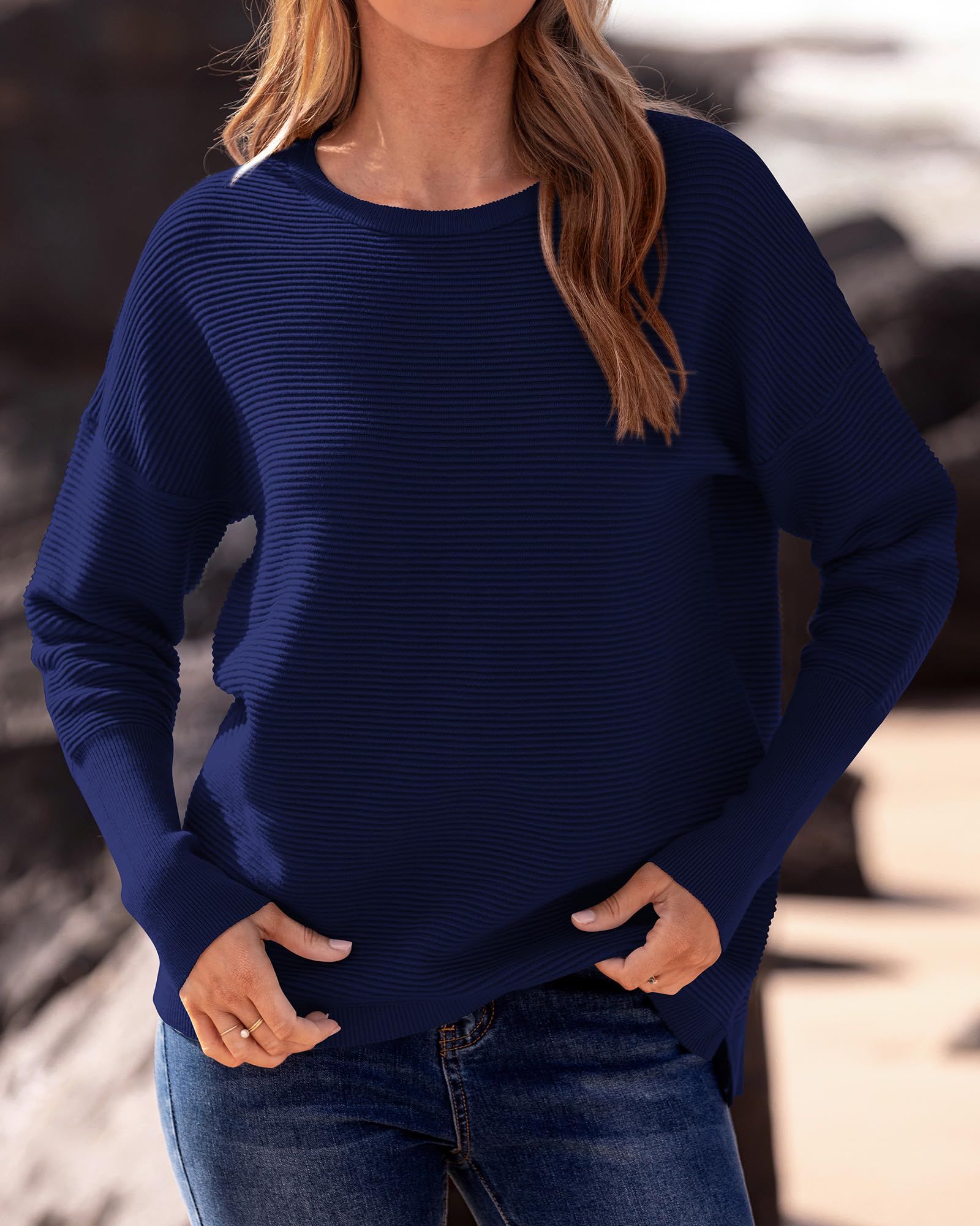 FreshPrettyFall Sweaters for Women Casual Long Sleeve Sweater Striped Loose Fit Pullover Tops