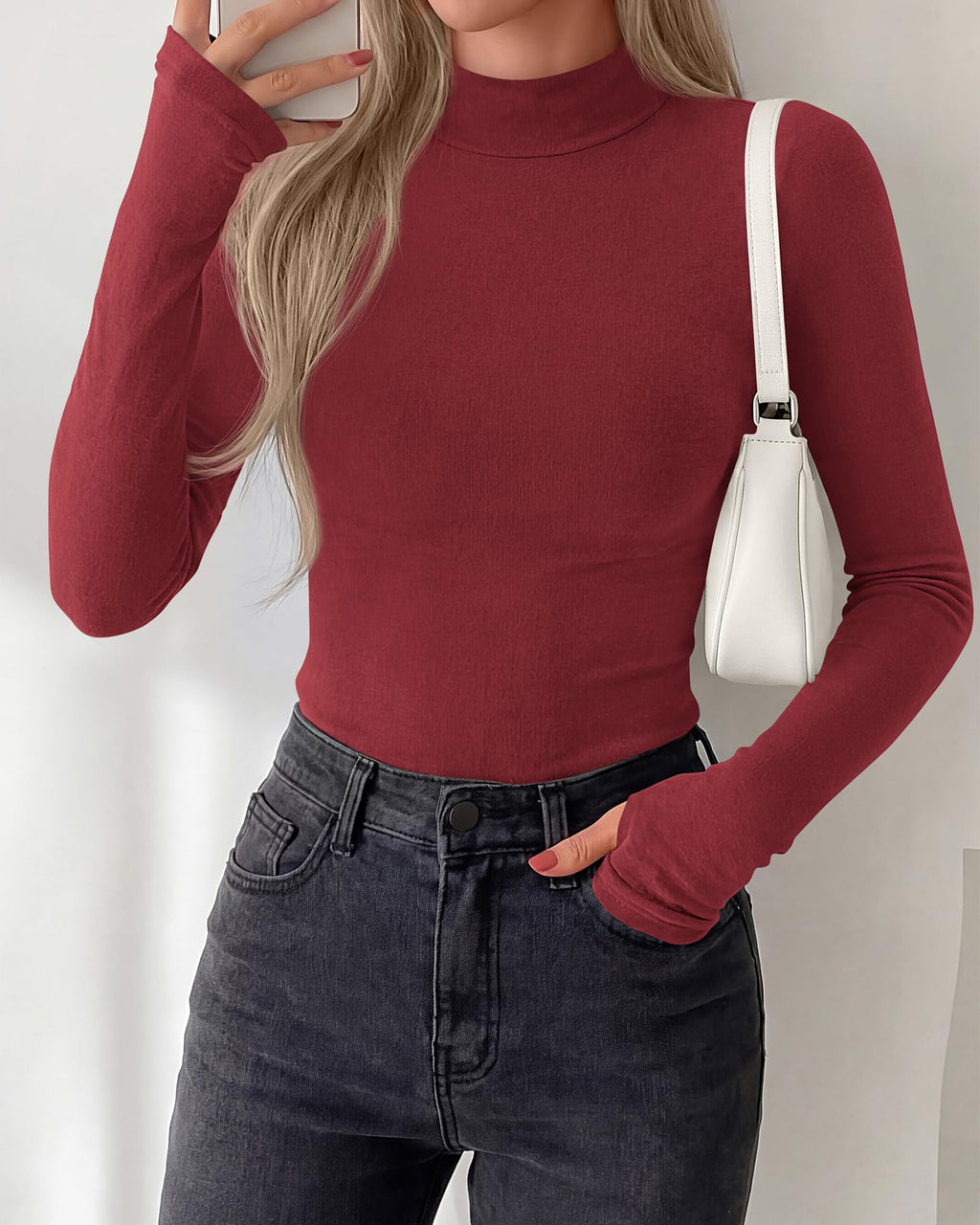 BTFBM Turtleneck Tops for Women Thumbhole Long Sleeve Shirts | Lightweight Fleece Lining, Casual Basic Layering Top, Slim Fit Stretch Winter Thermal Underwear, Fall Fashion Clothing