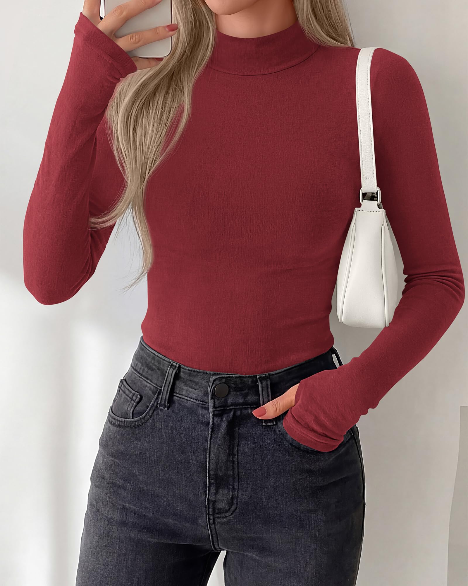 BTFBM Turtleneck Tops for Women Thumbhole Long Sleeve Shirts | Lightweight Fleece Lining, Casual Basic Layering Top, Slim Fit Stretch Winter Thermal Underwear, Fall Fashion Clothing