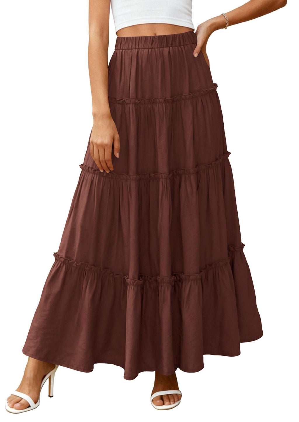 PRETTYGARDEN Women's Tiered Maxi Skirt Summer Spring Fashion High Waisted Long Flowy Casual Boho Beach Vacation Clothes