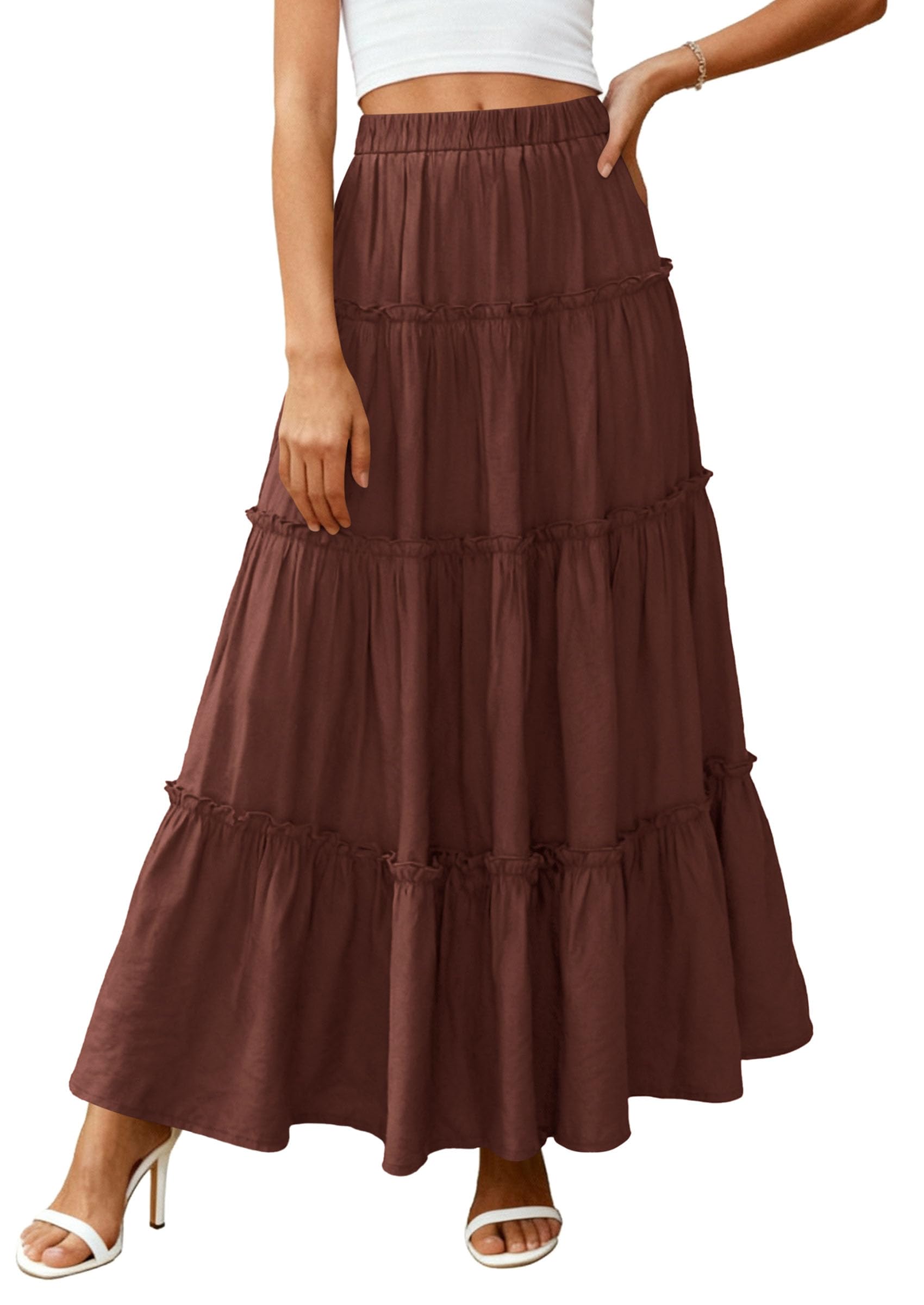 PRETTYGARDEN Women's Tiered Maxi Skirt Summer Spring Fashion High Waisted Long Flowy Casual Boho Beach Vacation Clothes