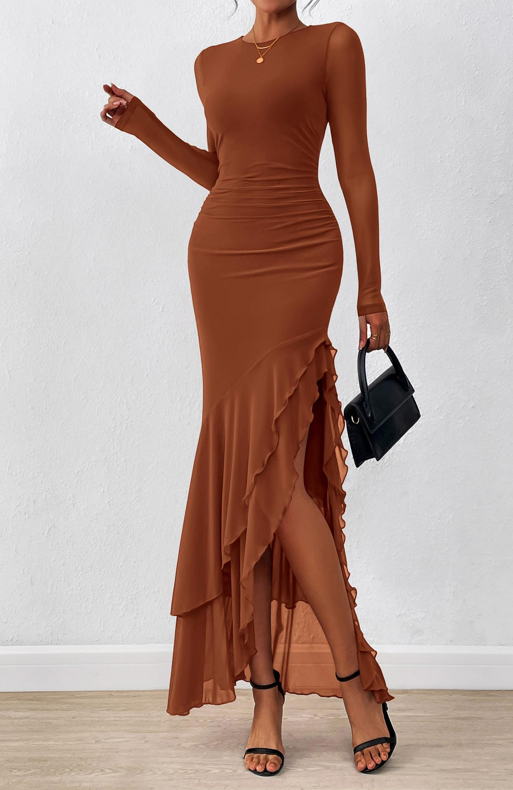 BTFBM Women's Maxi Dresses Fall Long Sleeve Wedding Guest Dress Mesh,Ruched,Bodycon,High Split,Solid Color,Ruffle, Mermaid,Cocktail Dresses,Prom,Party,Homecoming Dress,Fall Outfits