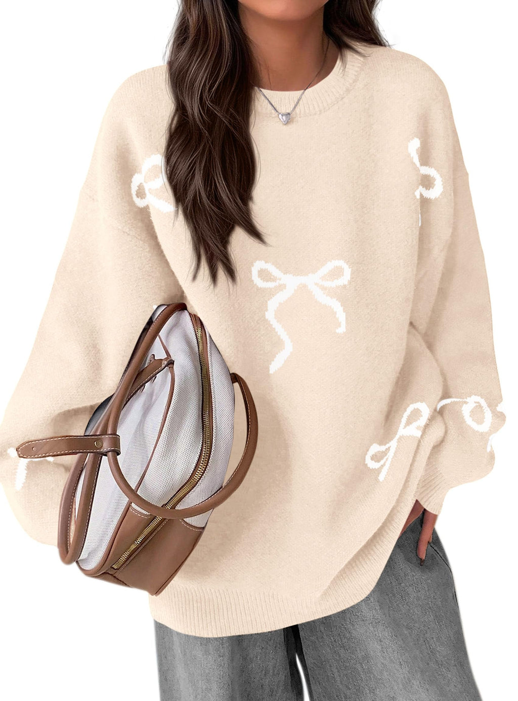 PRETTYGARDEN Fall Long Sleeve Pullover Sweaters for Women Trendy Crewneck Casual Cute Bow Chunky Knit Oversized Sweater