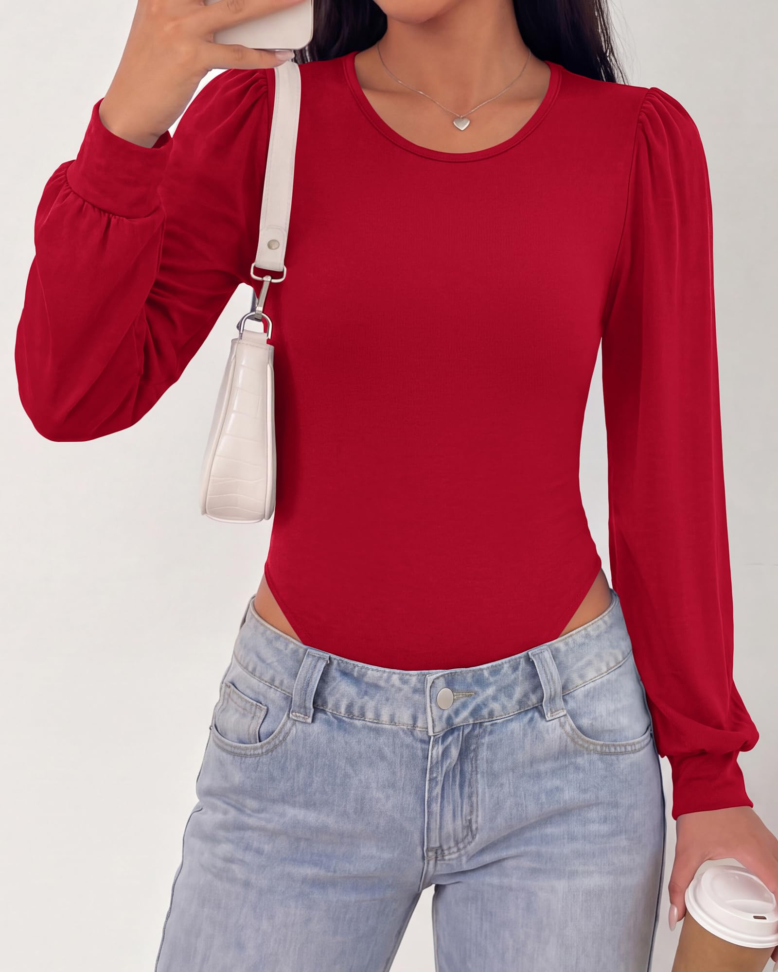 BTFBM Long Puff Sleeve Bodysuits for Women | Crew Neck 2 Snap Crotch Thong Shapewear,Stretchy Knit Leotards,Casual Y2K Going Out Tops,Winter Layer,Fall Fashion Clothing