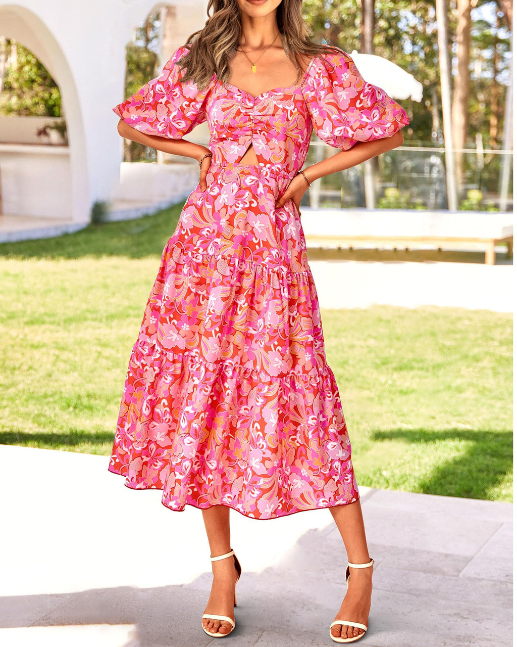 FreshPretty Women Summer Dresses Casual Flowy Beach Square Neck Puff Short Sleeve Smocked Back Boho Floral Long Maxi Dress
