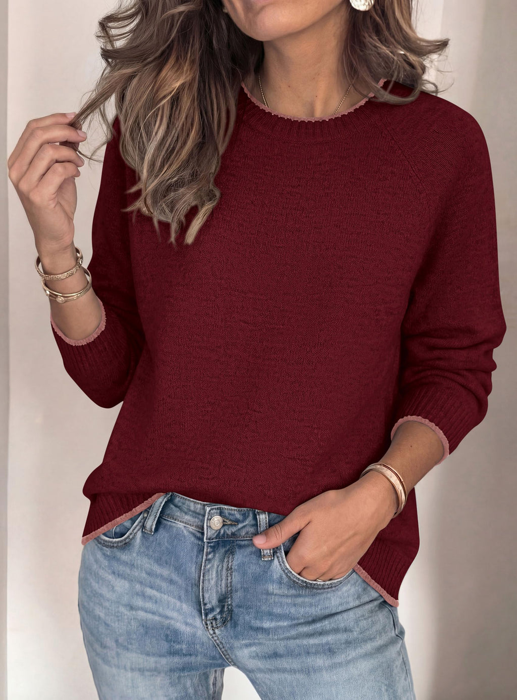 PRETTYGARDEN Womens Crewneck Fall Sweaters Pullover Tops Soft Stretchy Knit,Raglan Long Sleeve,Ribbed Cuffs,Color Block,Casual Daily Outfits,Office Work Clothes,Winter Layering Wear
