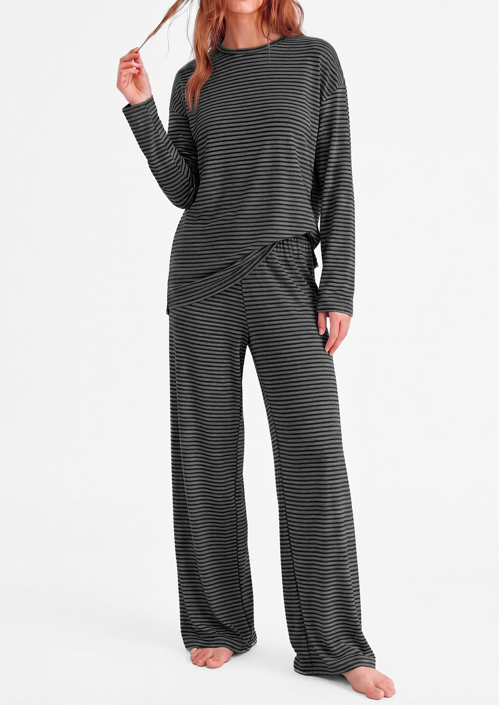 PRETTYGARDEN Womens Striped Lounge Set Fall Winter 2 Piece Sets Side Slit Long Sleeve T-Shirts & Wide Leg Pants, Matching Pajama Sets, Comfy Pj Set, Loungewear with Pockets, Fashion Clothes