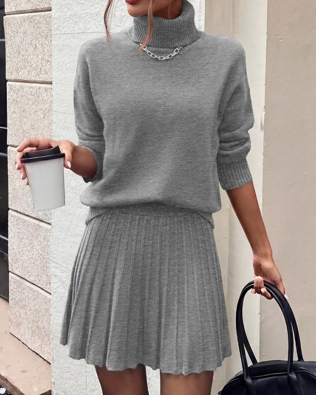 FreshPretty Women Fall 2 Piece Sweater Skirt Sets,Casual Turtleneck Drop Shoulder Pullover Sweaters,Pleated A-Line Mini Skirts,Cute Loose Fit Winter Clothing Vacation Outfits