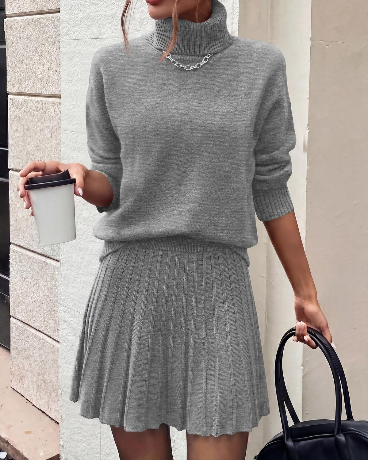 FreshPretty Women Fall 2 Piece Sweater Skirt Sets,Casual Turtleneck Drop Shoulder Pullover Sweaters,Pleated A-Line Mini Skirts,Cute Loose Fit Winter Clothing Vacation Outfits