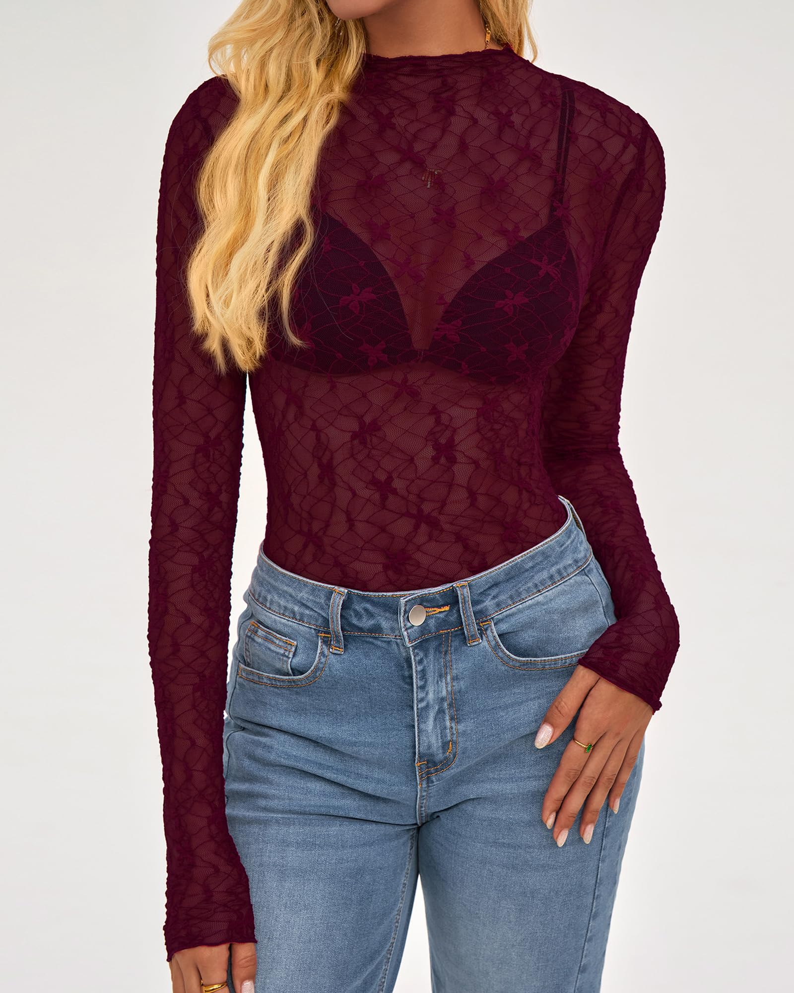 FreshPretty  Mesh Lace Tops Long Sleeve Shirts for Women Spring Fall See Through Crew Neck Slim Fitted Party Club Outfits