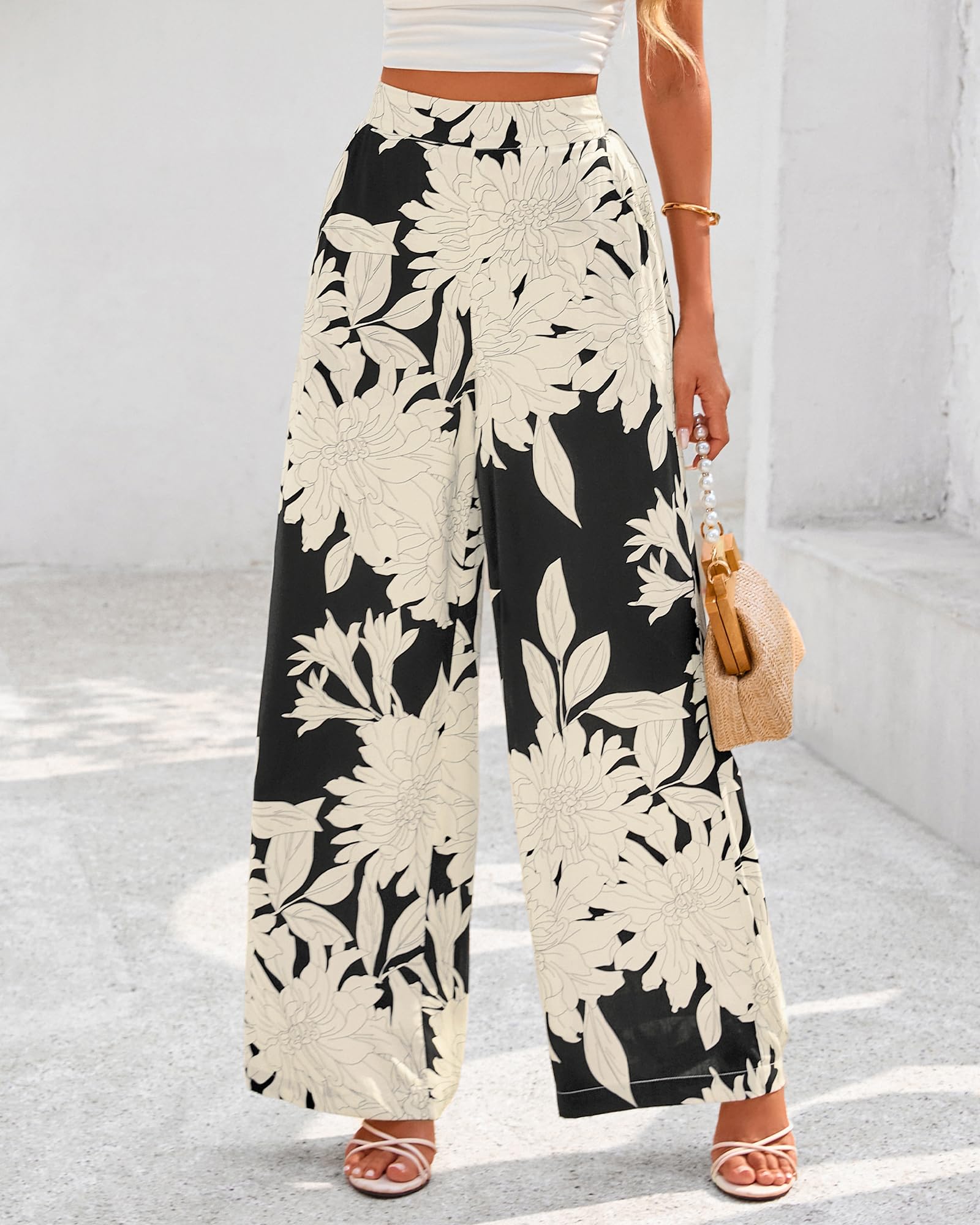 FreshPretty Womens Wide Leg Summer Pants Boho Beach Vacation Loose Elastic Waist Printed Palazzo Pant Pockets