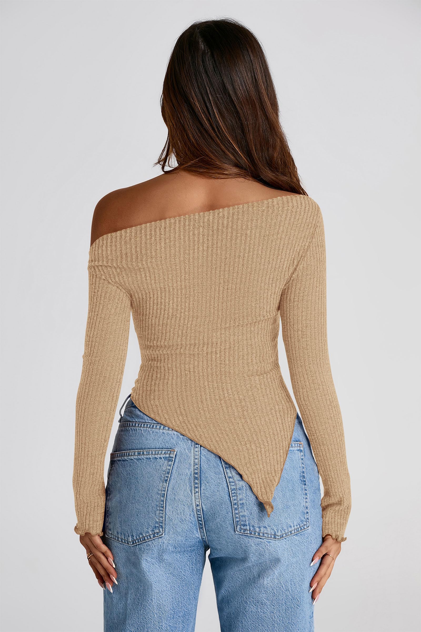 PRETTYGARDEN Women's Spring Long Sleeve Y2K Crop Top Trendy Off Shoulder Asymmetrical Fitted Knit Tee Shirts Going Out Tops
