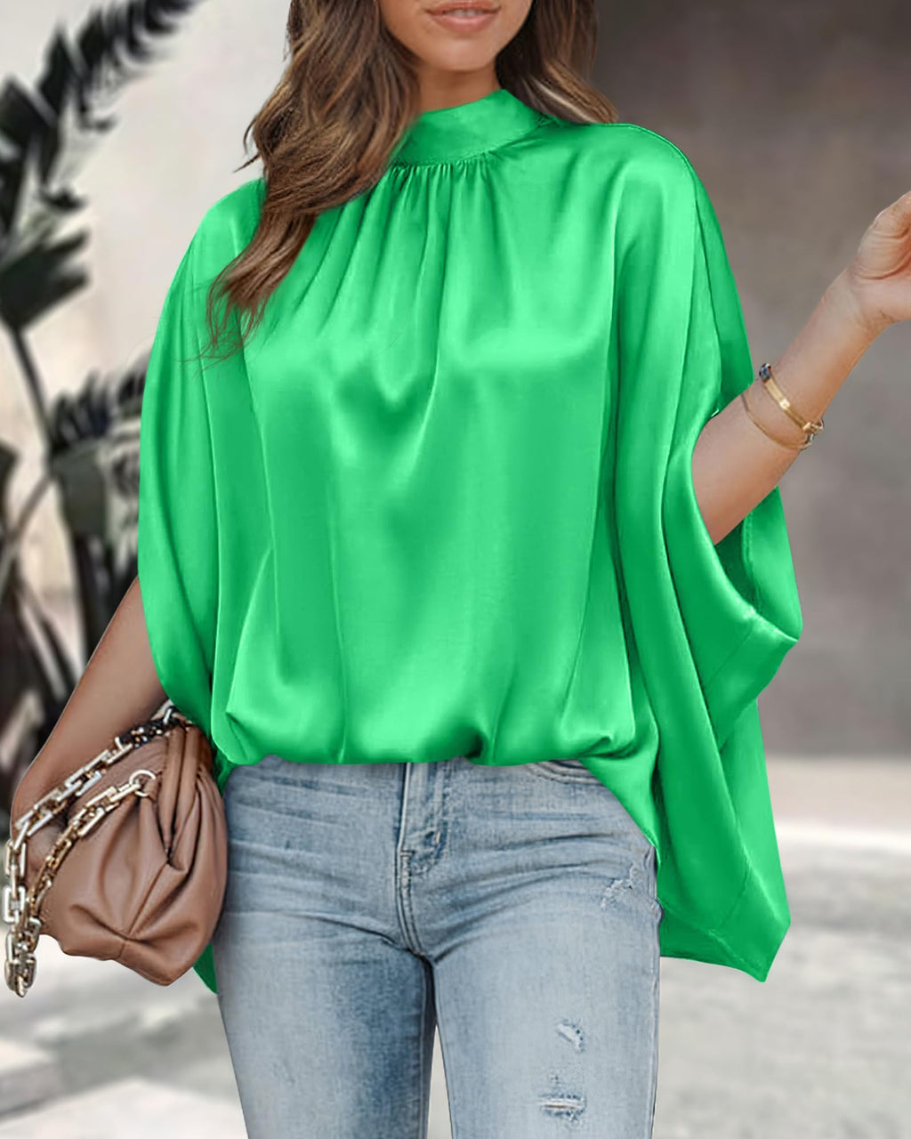 BTFBM Womens Summer Tops Mock Neck Batwing Sleeve Silk Satin Shirts Loose Oversized Dressy Casual Spring Blouses