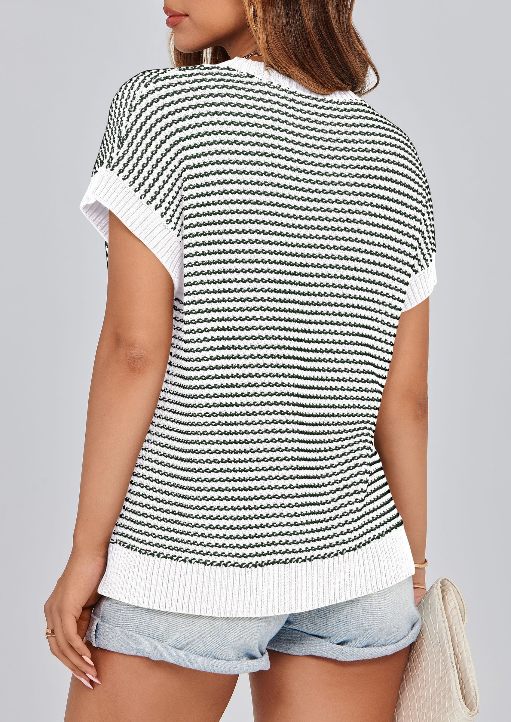 PRETTYGARDEN Womens Short Sleeve Sweater Spring Summer Round Neck Striped Pullover Cap Sleeve Knit Sweater Vest Tops