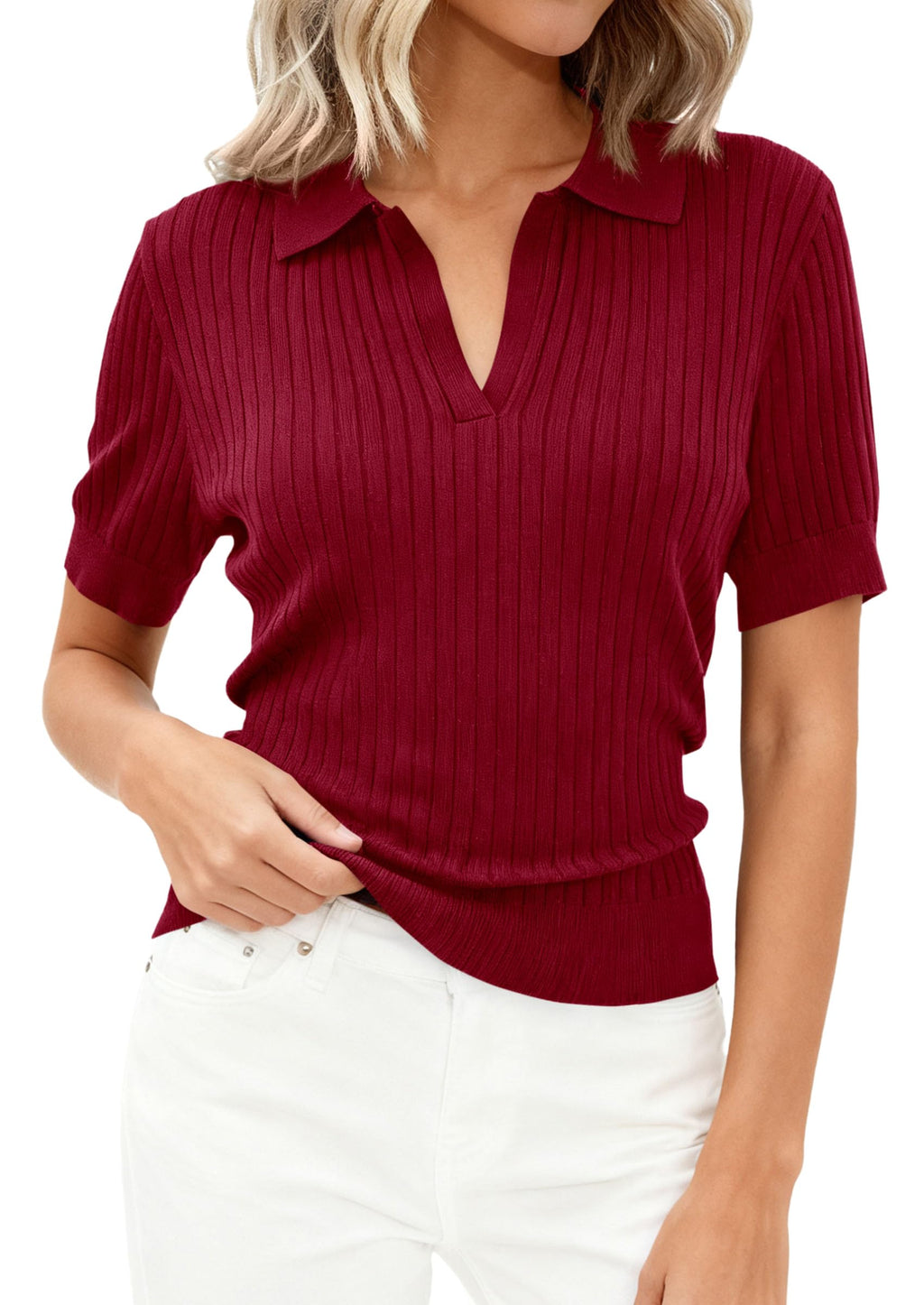 PRETTYGARDEN Women's Short Sleeve Sweater Spring Polo Shirts Ribbed Knit V Neck Business Casual Tops Summer Work Clothes