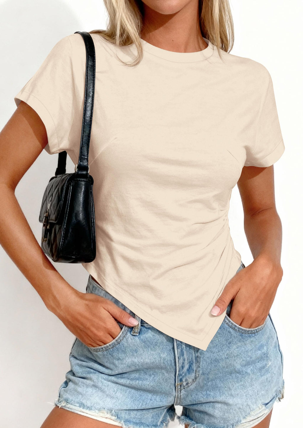 PRETTYGARDEN Womens Short Sleeve Crew Neck Trendy Shirts Spring Summer Y2K Going Out Tops Asymmetrical Ruched Blouse