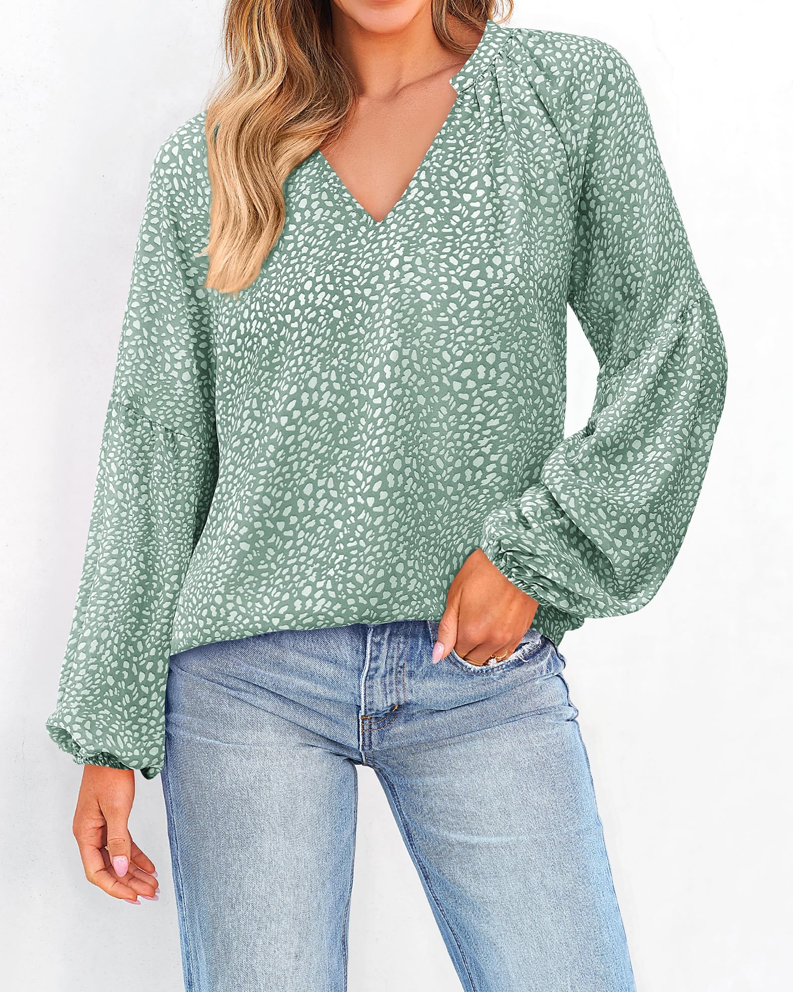 BTFBM Blouses for Women Dressy Casual Floral Summer Boho Tops V Neck Lightweight Long Sleeve Shirts Spring Clothes