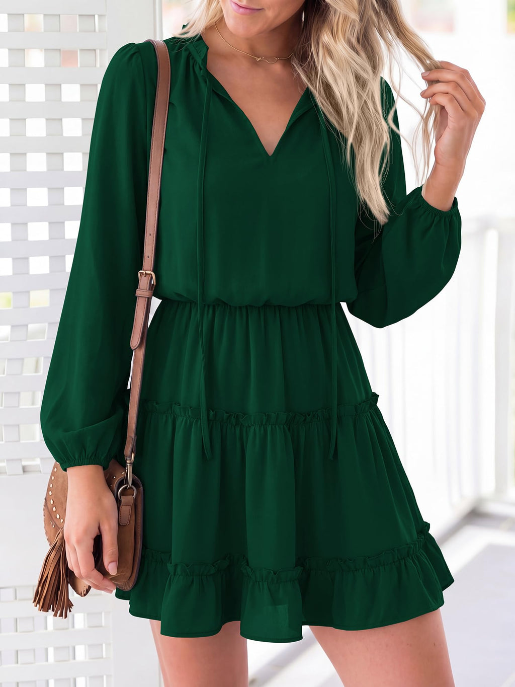 BTFBM Long Sleeve Summer Dresses for Women Casual Tie Neck Ruffle Tiered A Line Mini Spring Wedding Guest Dress