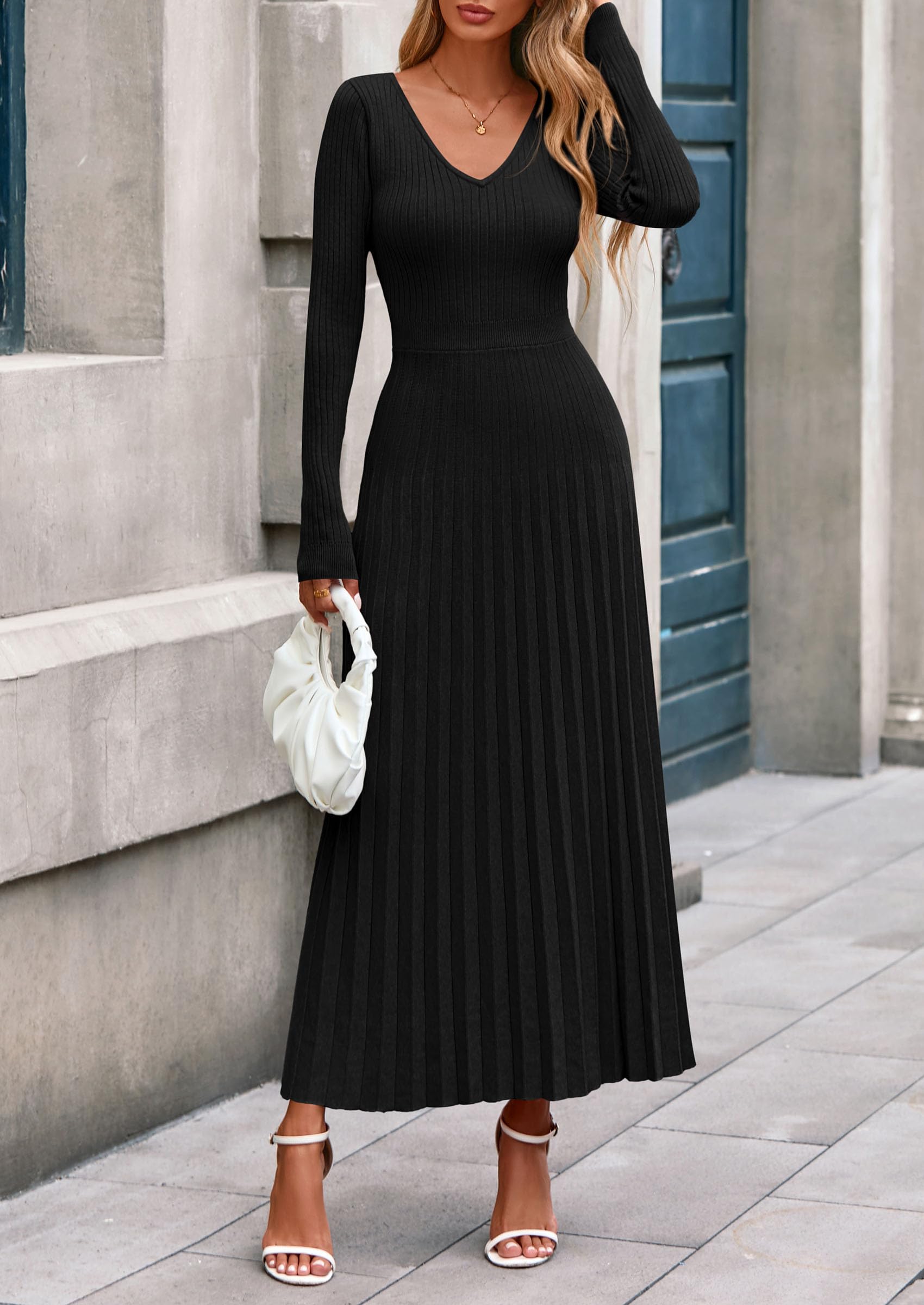 PRETTYGARDEN Women Sweater Dress Fall Fashion Long Sleeve V Neck Ribbed Knit Pleated A Line Elegant Maxi Winter Dresses
