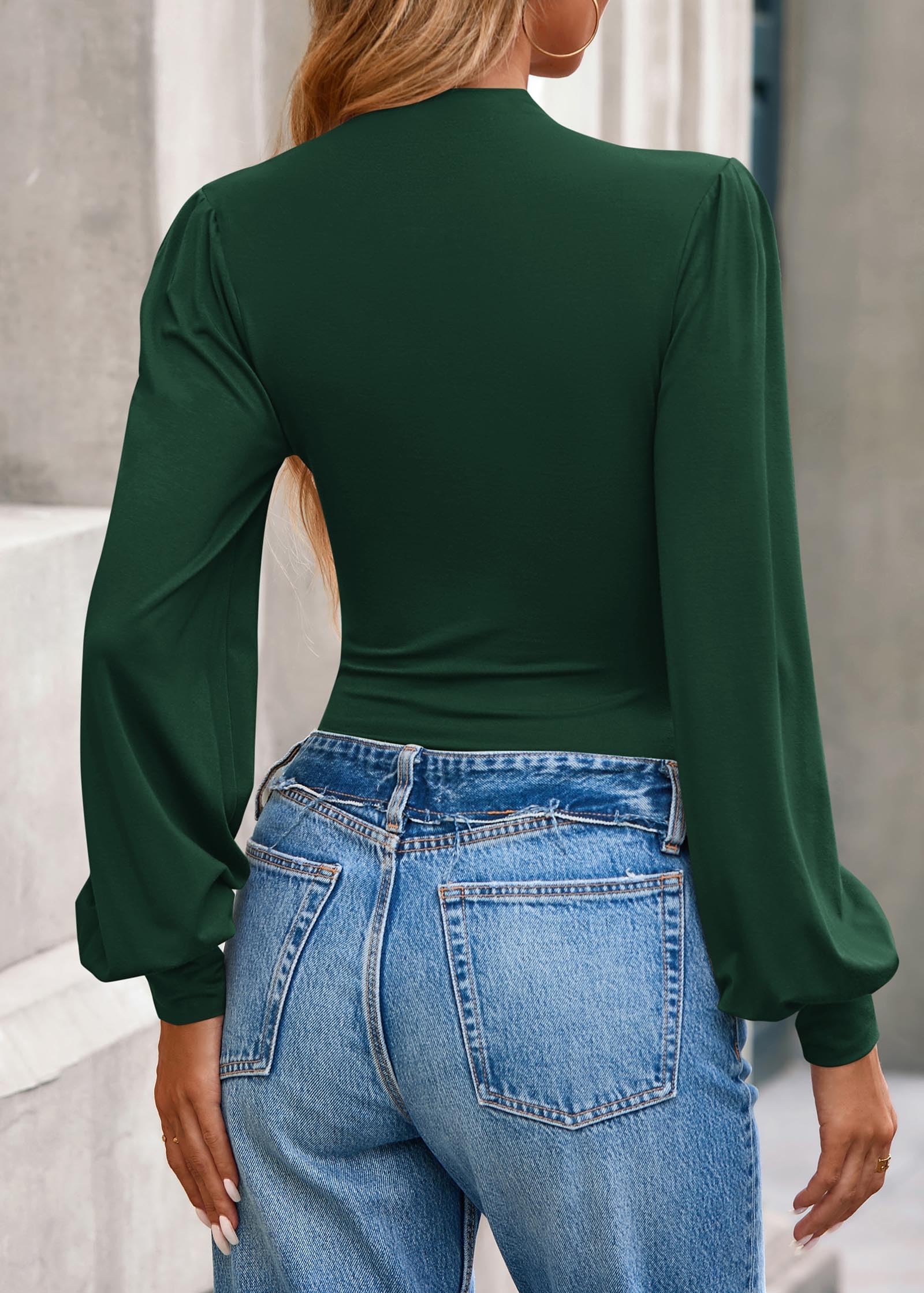 FreshPretty Blouses for Women Dressy Casual Spring Tops Fall Puff Long Sleeve Shirts Fitted Mock Neck Ruched Trendy Tops