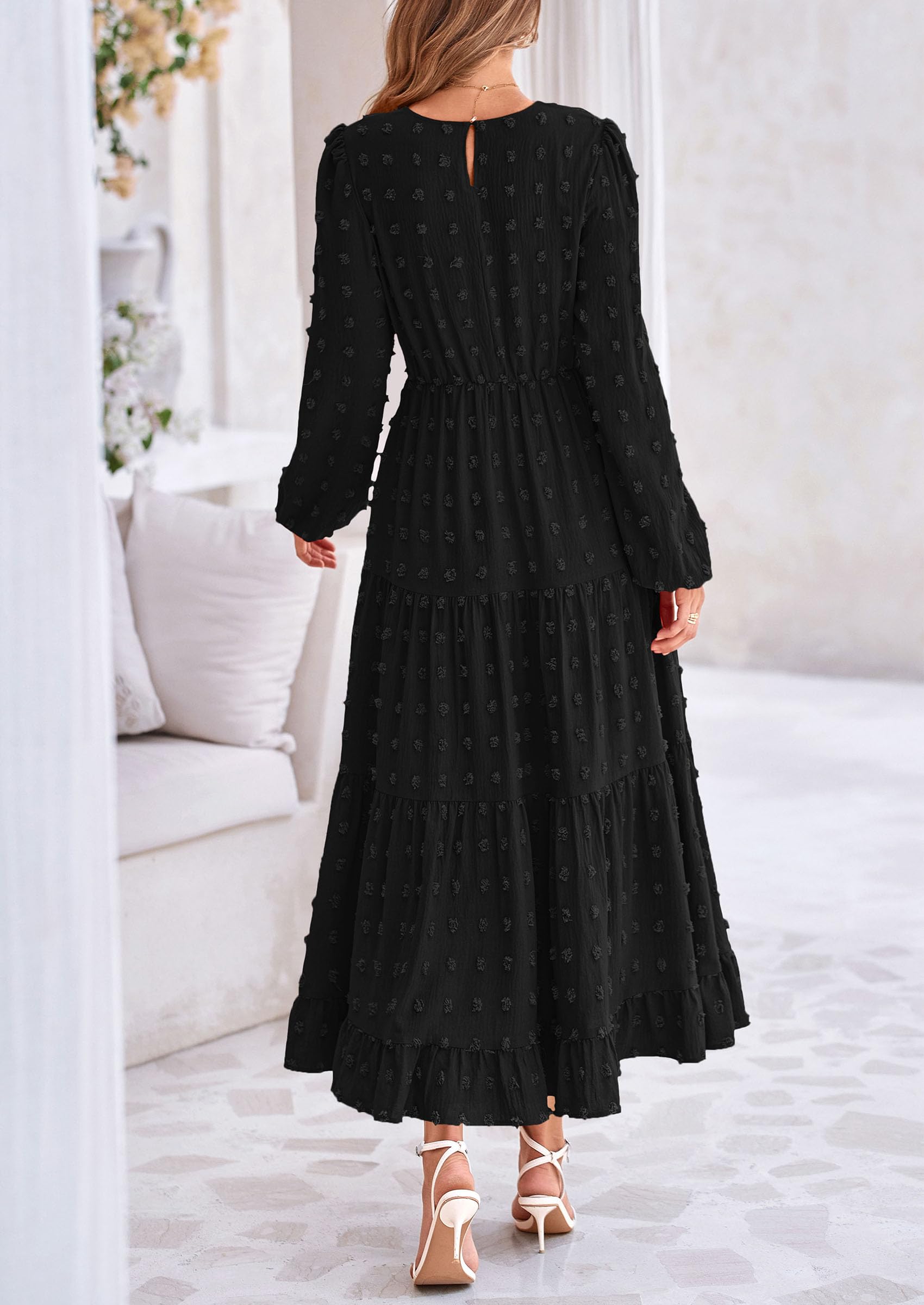PRETTYGARDEN Women's Fall Spring Elegant Long Sleeve Maxi Dress Swiss Dot A Line Flowy Casual Holiday Party Going Out Dresses