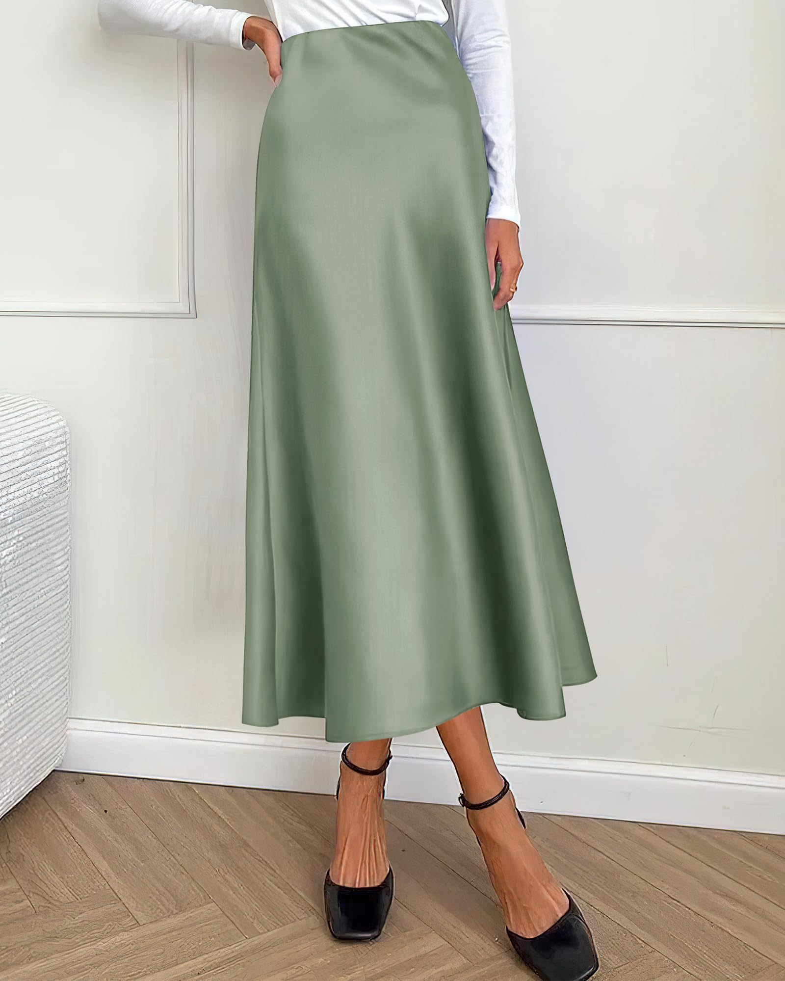 BTFBM Summer Womens Skirts Silk Elegant High Waist Flowy Long Satin A-Line Midi Skirt Cocktail Wedding Party