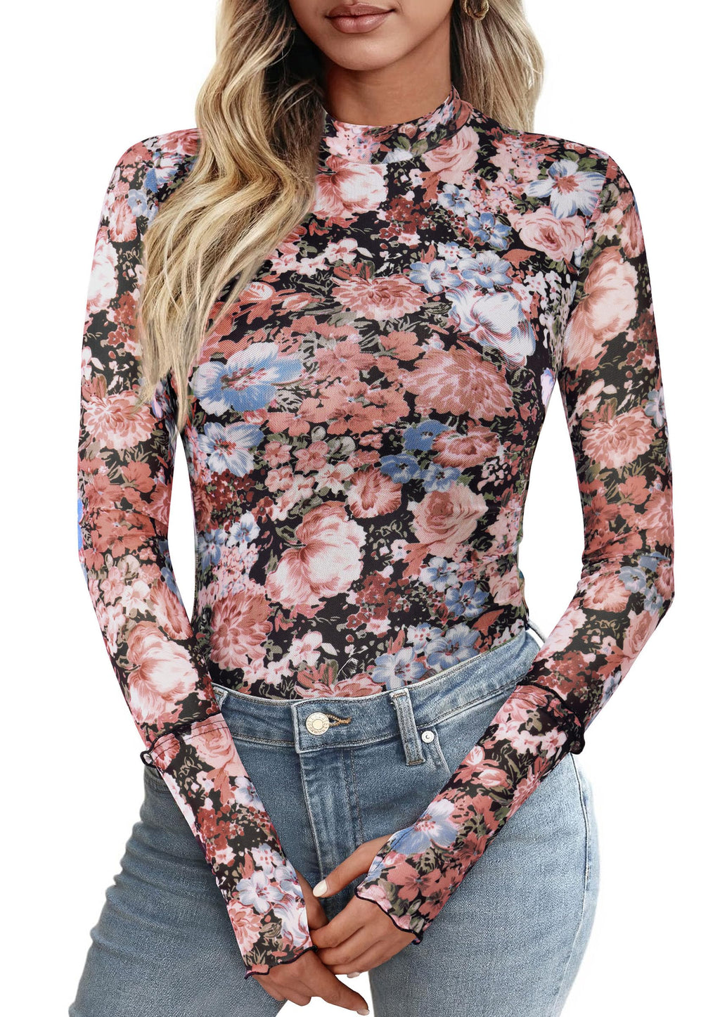 PRETTYGARDEN Womens Fall Mesh Floral Blouses Long Sleeve Going Out Tops Slim Fitted Shirts Date Night Outfits