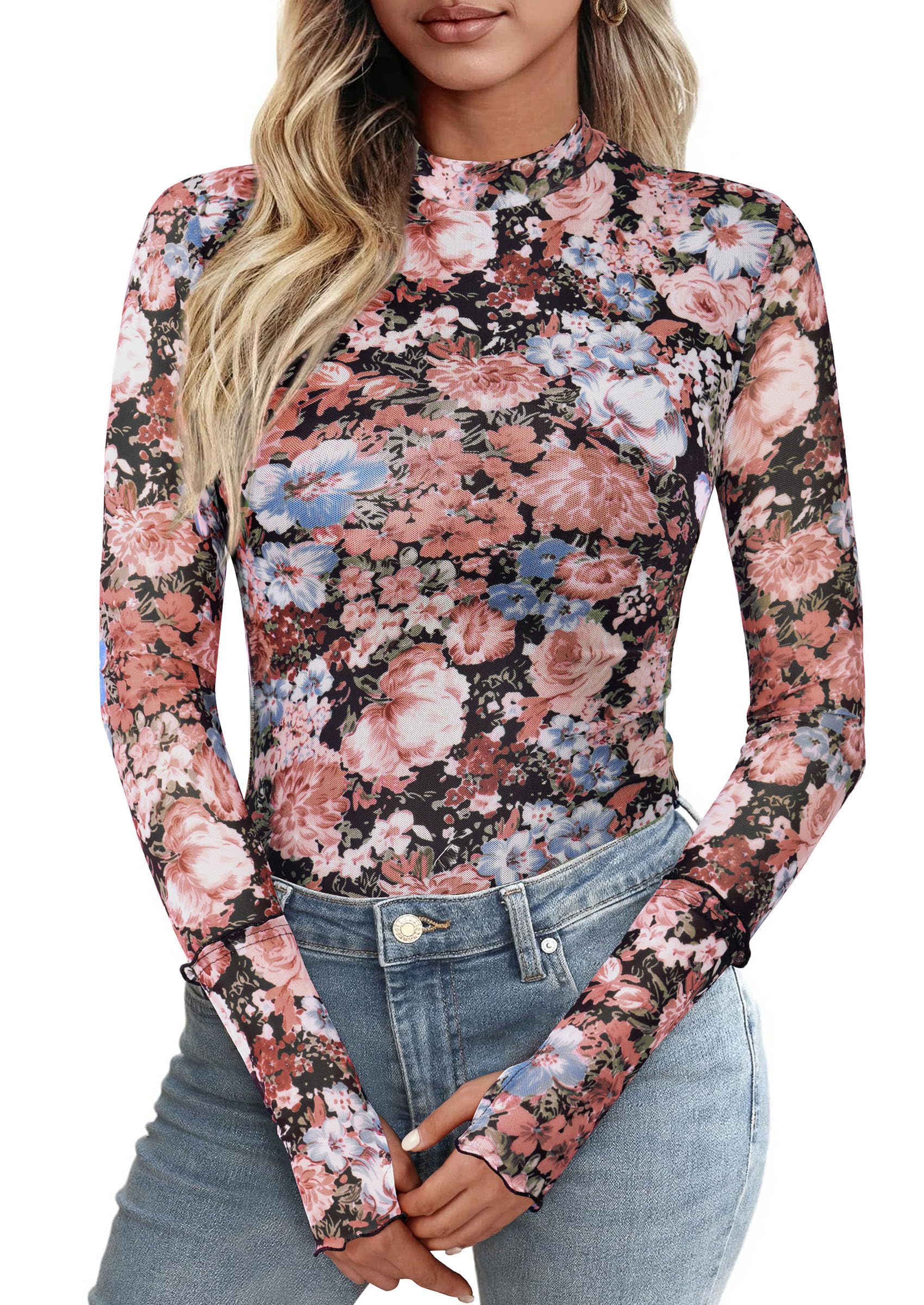 PRETTYGARDEN Womens Fall Mesh Floral Blouses Long Sleeve Going Out Tops Slim Fitted Shirts Date Night Outfits