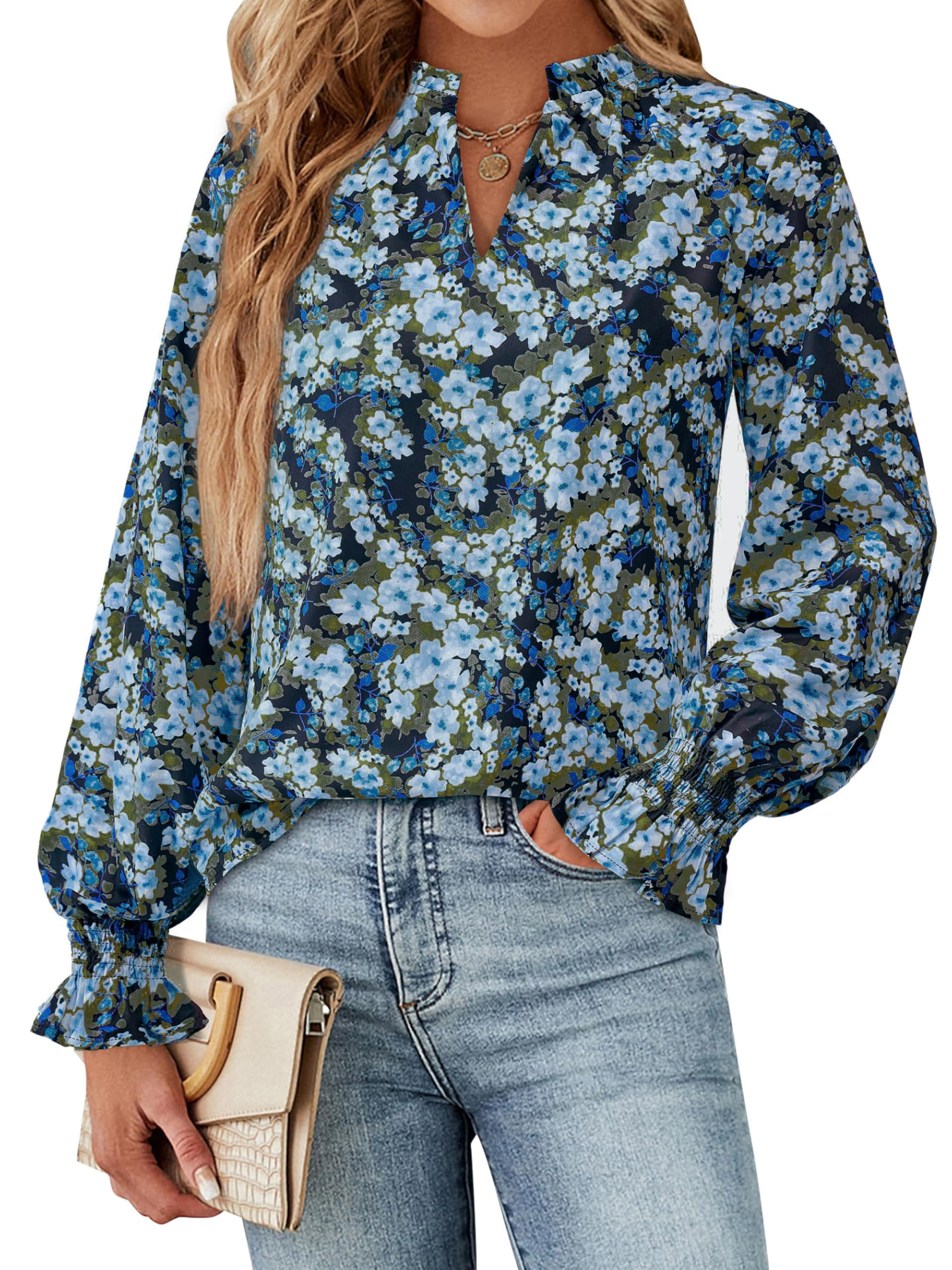 FreshPretty Womens V Neck Floral Long Sleeve Tops Summer Casual Loose Puff Sleeve Chiffon Boho Work Blouse Dressy T Shirts