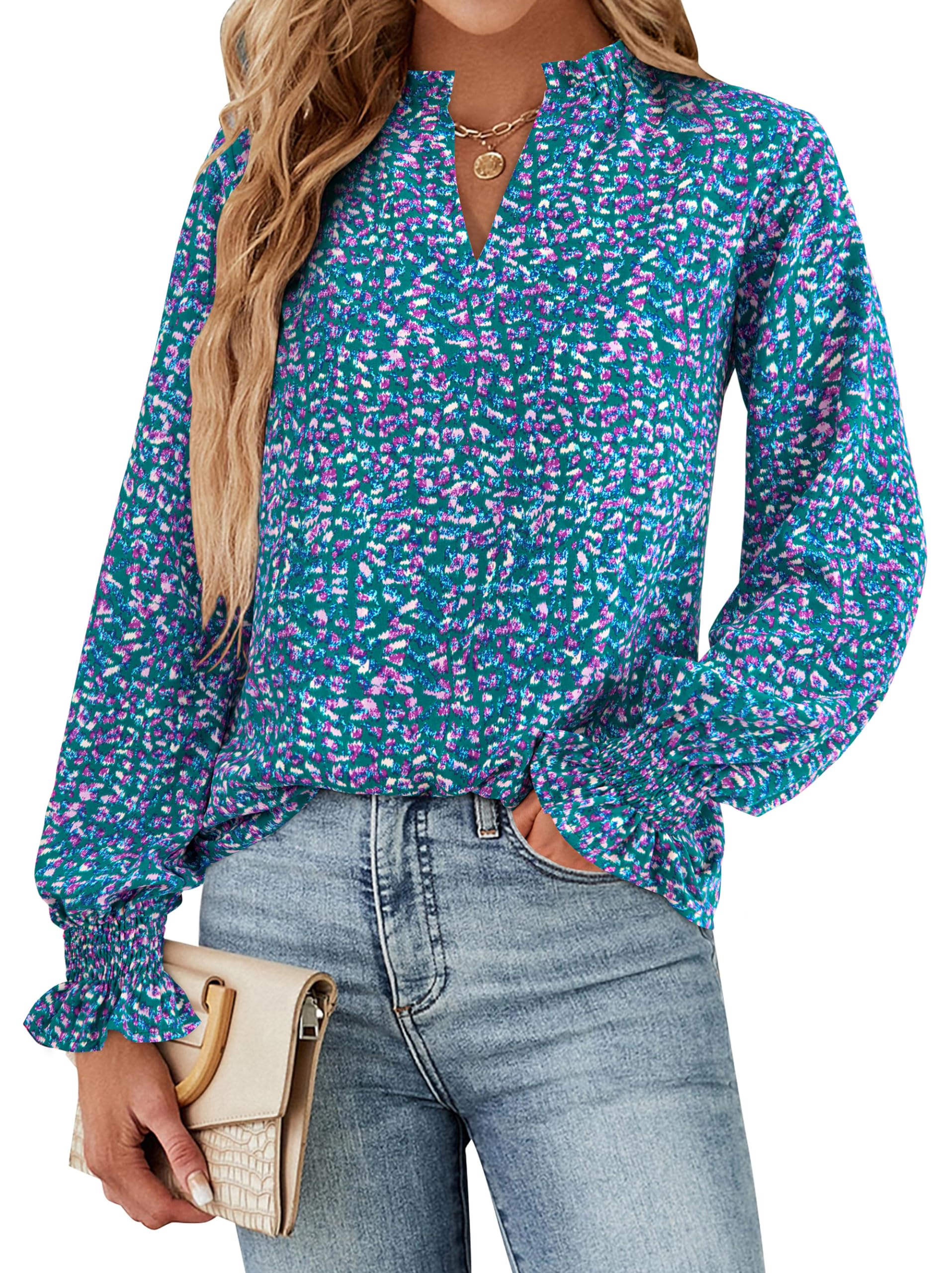 FreshPretty Womens V Neck Floral Long Sleeve Tops Summer Casual Loose Puff Sleeve Chiffon Boho Work Blouse Dressy T Shirts