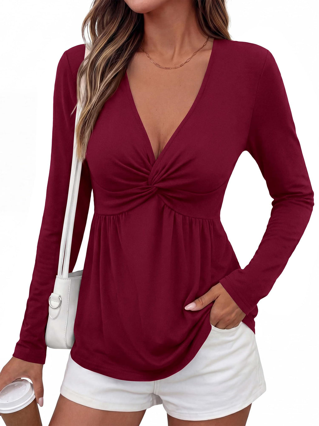 BTFBM Babydoll Tops for Women Fall Clothes Long Sleeve Shirts Peplum Top Twist Front Empire Waist V Neck Shirts, Fashion Clothing, Dressy Casual Blouses, Daily Wear Going Out Date Night Outfits