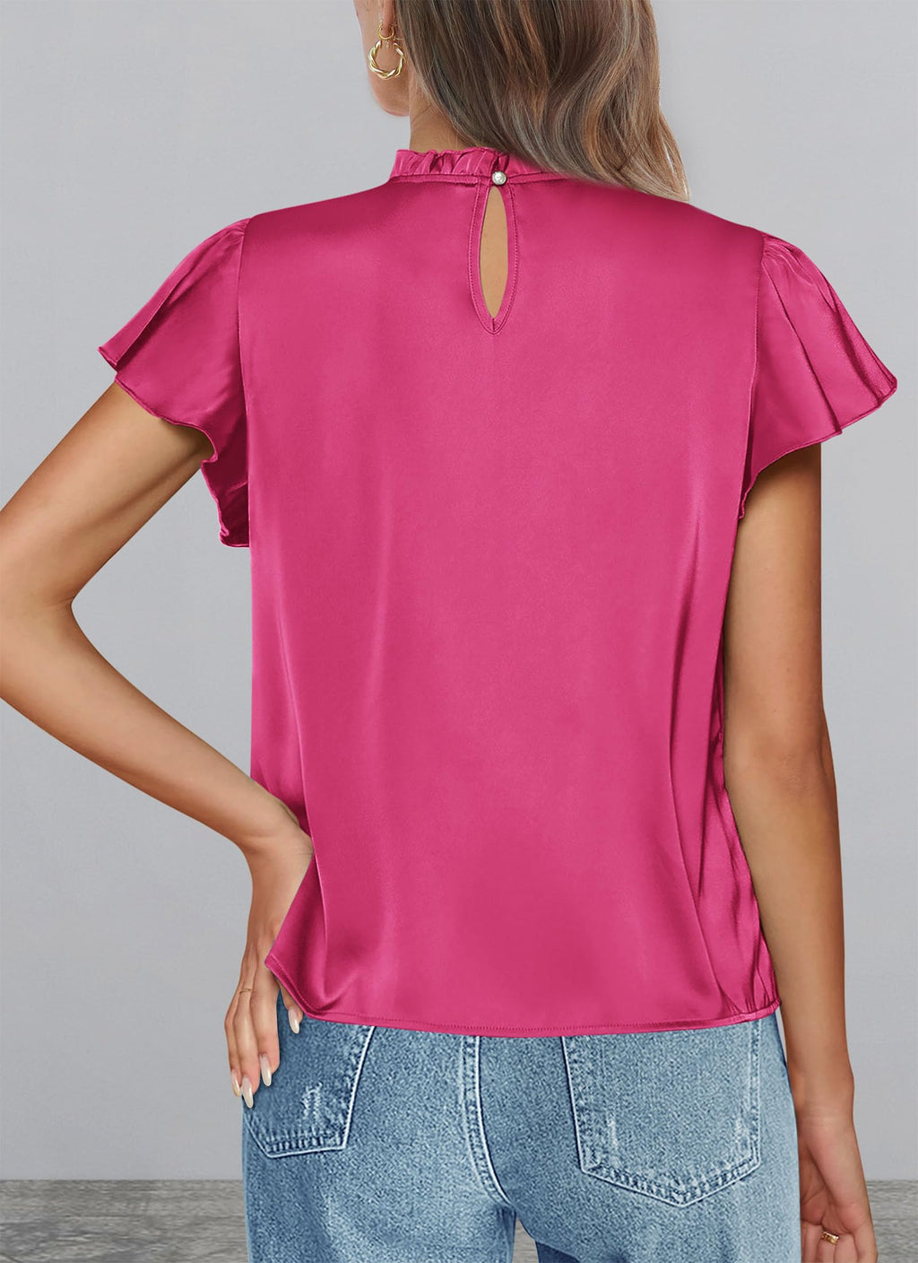 PRETTYGARDEN Business Casual Tops for Women Blouses Dressy  Summer Short Sleeve Ruffle Satin Work Office Attire