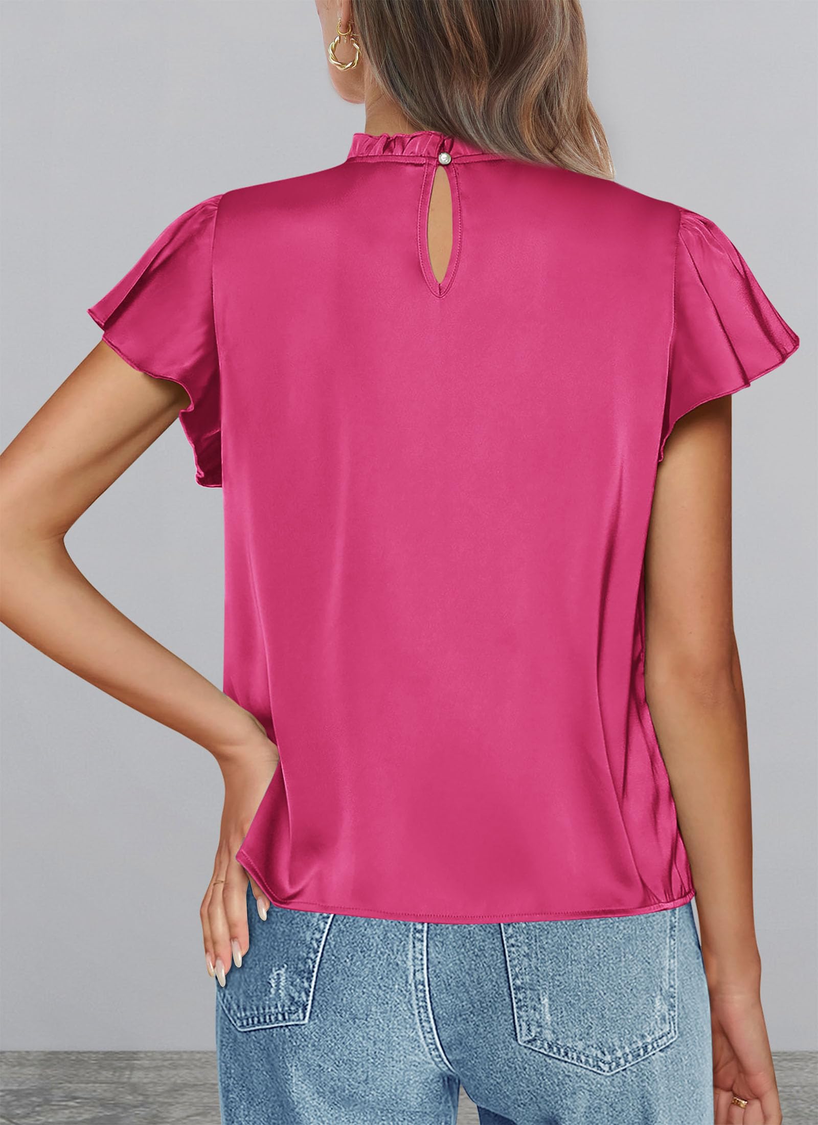 PRETTYGARDEN Business Casual Tops for Women Blouses Dressy  Summer Short Sleeve Ruffle Satin Work Office Attire