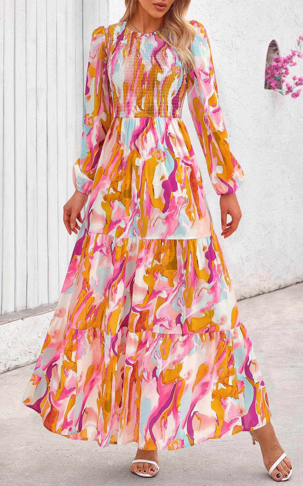 PRETTYGARDEN Women's Fall Dresses Long Sleeve Flowy Casual Floral Maxi Dress Crew Neck Smocked Tiered Long Dress