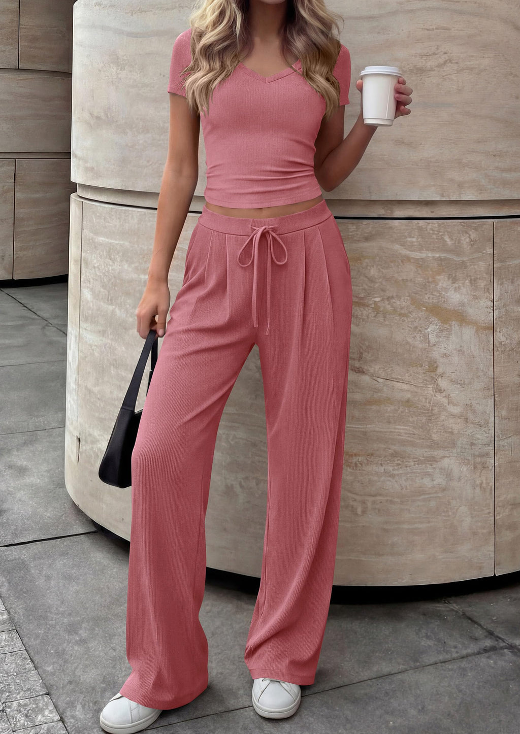 PRETTYGARDEN 2 Piece Sets for Women Summer Spring Lounge Set Matching V Neck Tops Wide Leg Pants Airport Travel Outfits