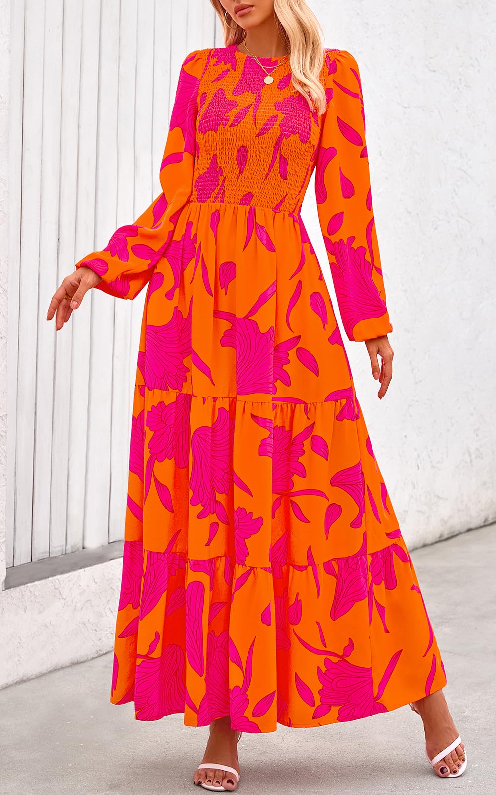 PRETTYGARDEN Women's Fall Dresses Long Sleeve Flowy Casual Floral Maxi Dress Crew Neck Smocked Tiered Long Dress