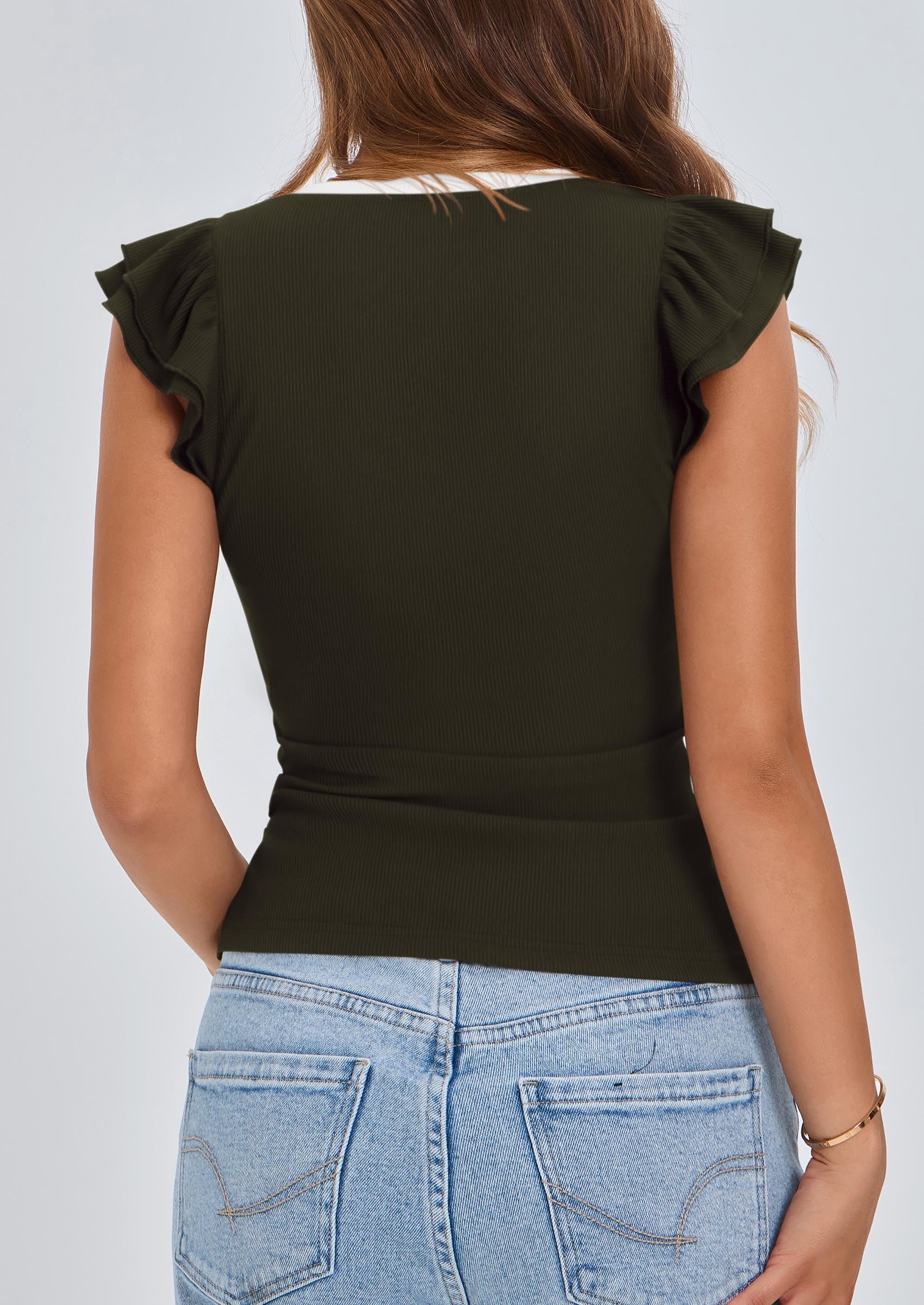 PRETTYGARDEN Womens V Neck Summer Tops Ruffle Sleeveless Slim Fit T Shirts Going Out Casual Blouses