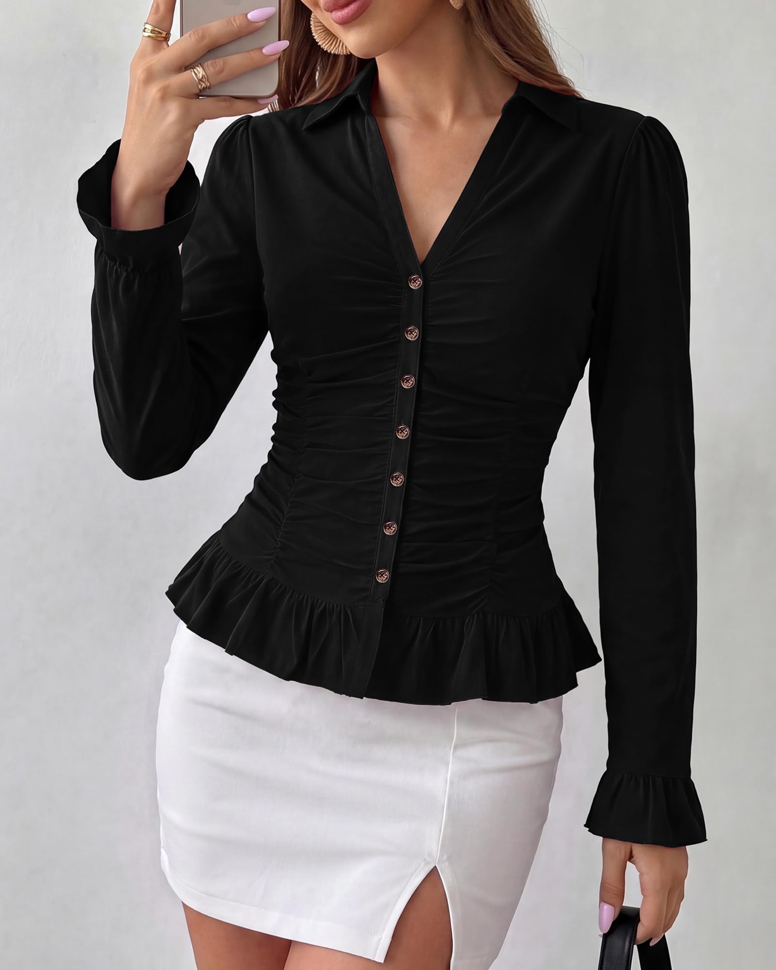 BTFBM Fitted Button Down Shirts for Women Dressy Casual Tops Collar V Neck Long Sleeve Ruched Tops, Stretchy Ruffle Blouses, Fall Fashion Clothing, Work Date Night Going Out Outfits