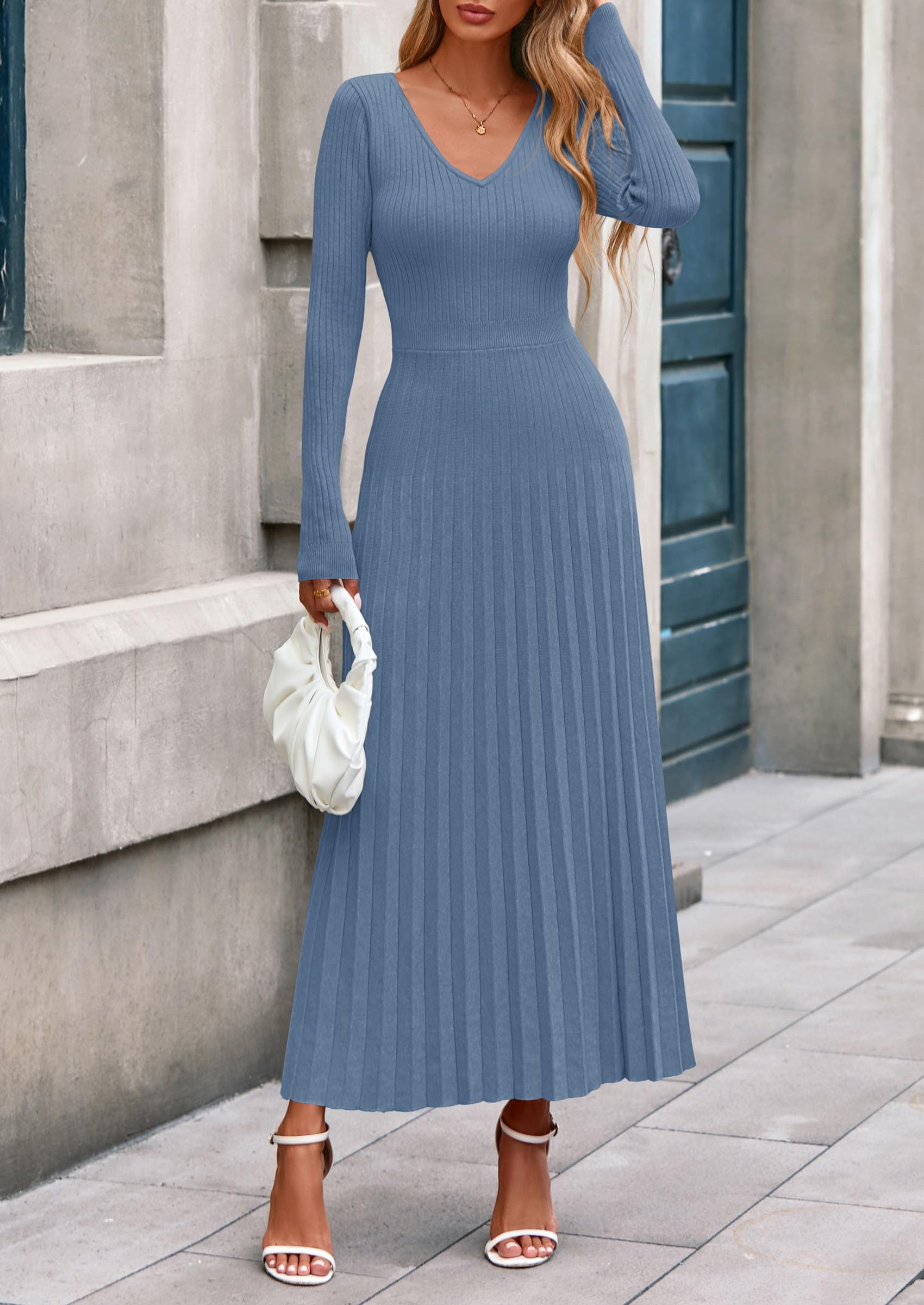 PRETTYGARDEN Women Sweater Dress Fall Fashion Long Sleeve V Neck Ribbed Knit Pleated A Line Elegant Maxi Winter Dresses
