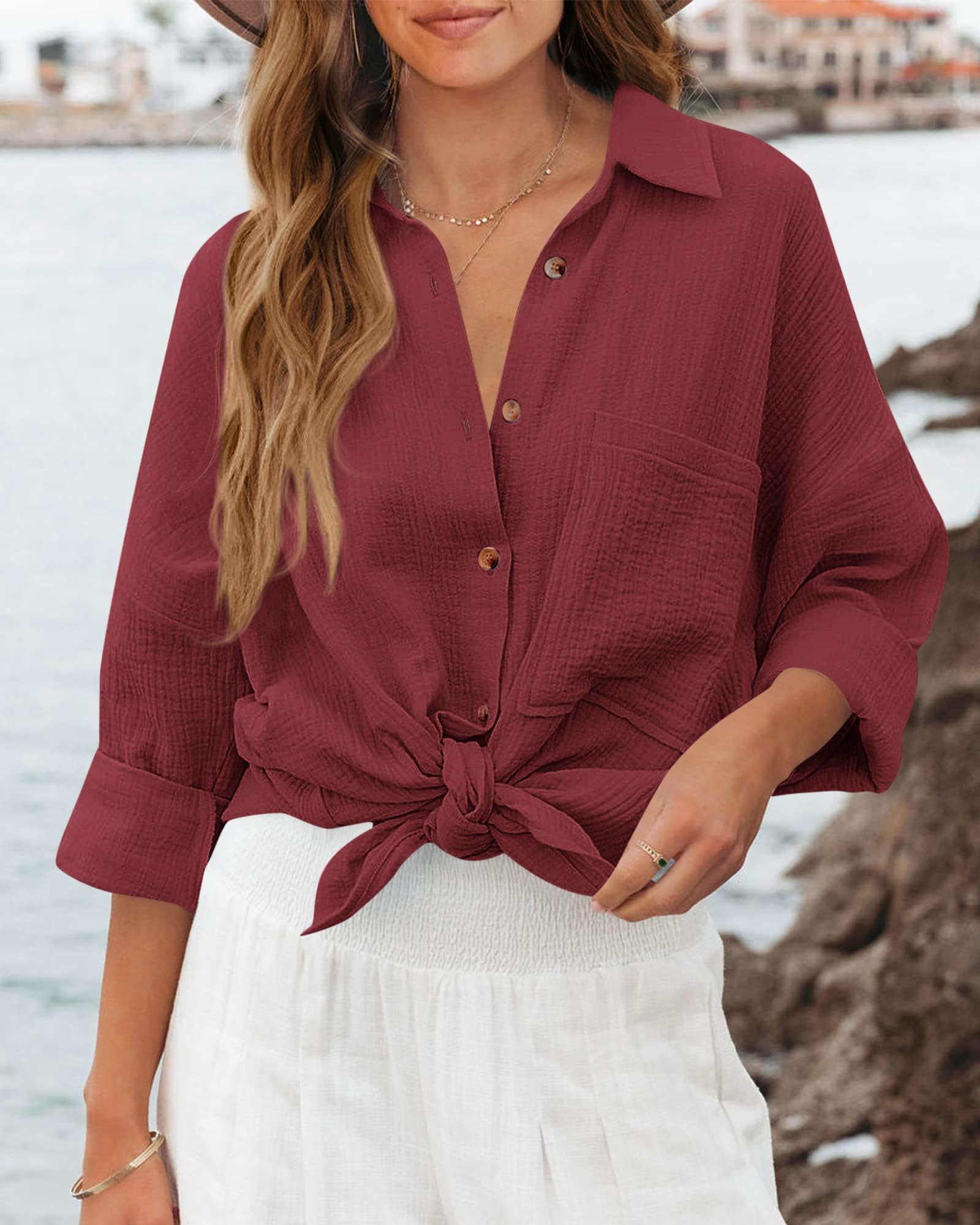 FreshPretty Casual Shirts for Women Long Sleeve Button Down Blouses Fall Solid Color Trendy Tops with Pocket