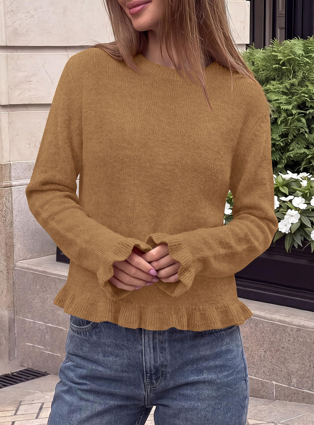 PRETTYGARDEN Women's Ruffle Sweaters Fall Fashion Cozy Knit Pullover Soft Stretchy, Crewneck Long Sleeve, Cute Peplum Tops, Dressy Casual Blouses, Going Out Holiday, Trendy Winter Outfits